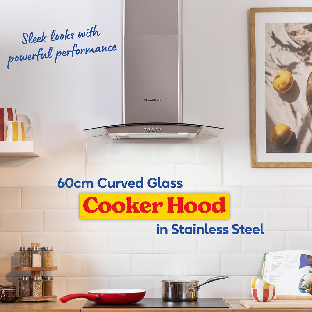 Russell Hobbs 60cm Curved Glass Cooker Hood in Stainless Steel with 3 Speed Settings, 1 x Carbon Filter, Extraction or Recirculation, 540m³/h Extraction Rate, A+ Energy Rating, RH60GCH92A1SS