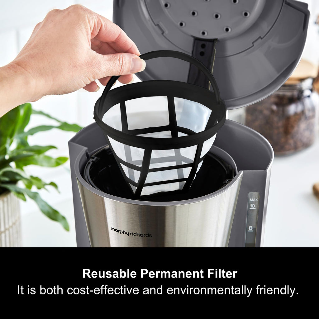Morphy Richards Equip Filter Coffee Machine, Coffee Maker for Instant Coffee, Pour Over Technology, 10 Cup, Anti Drip, Reusable Filter, Keep Warm, Aroma Blender, Black/Brushed Steel, 162501