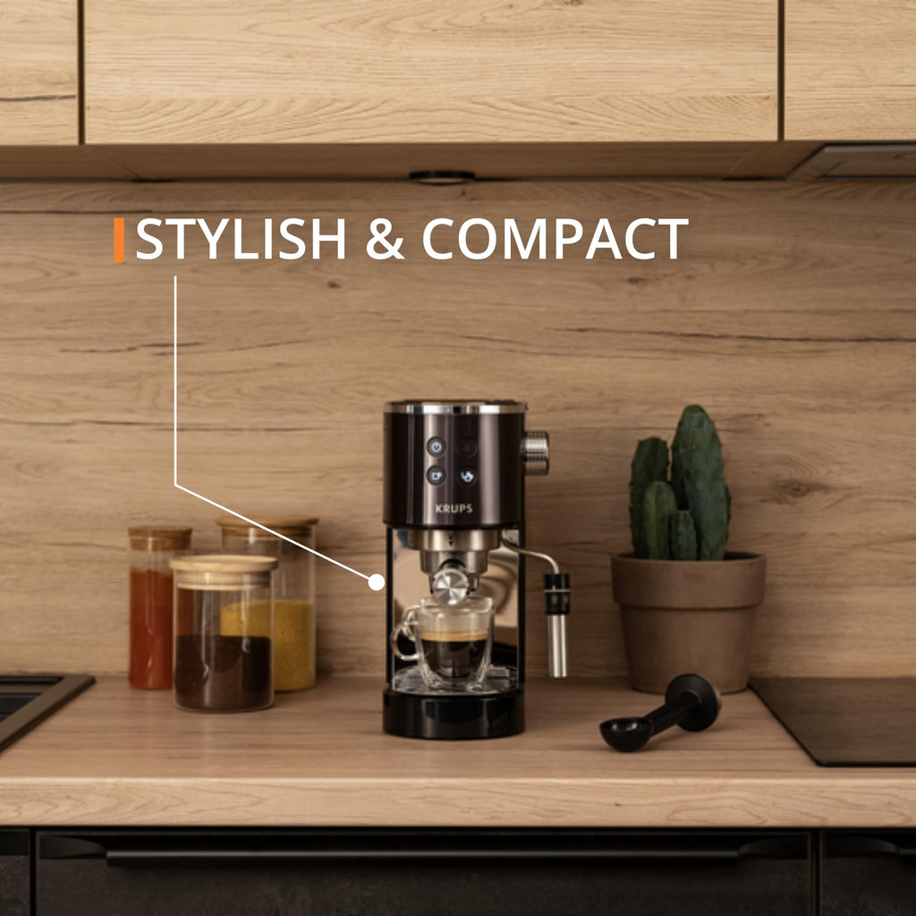 Krups Virtuoso+ Pump Espresso Machine – Compact Black Stainless-Steel Design, 15-Bar Pump for Rich Extraction, Auto Flow-Stop, 4-Button Interface & Steam Nozzle for Espresso & Cappuccino - XP444GG0
