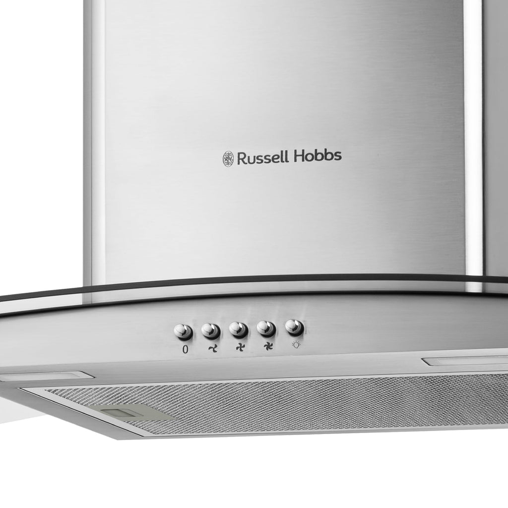 Russell Hobbs 60cm Curved Glass Cooker Hood in Stainless Steel with 3 Speed Settings, 1 x Carbon Filter, Extraction or Recirculation, 540m³/h Extraction Rate, A+ Energy Rating, RH60GCH92A1SS