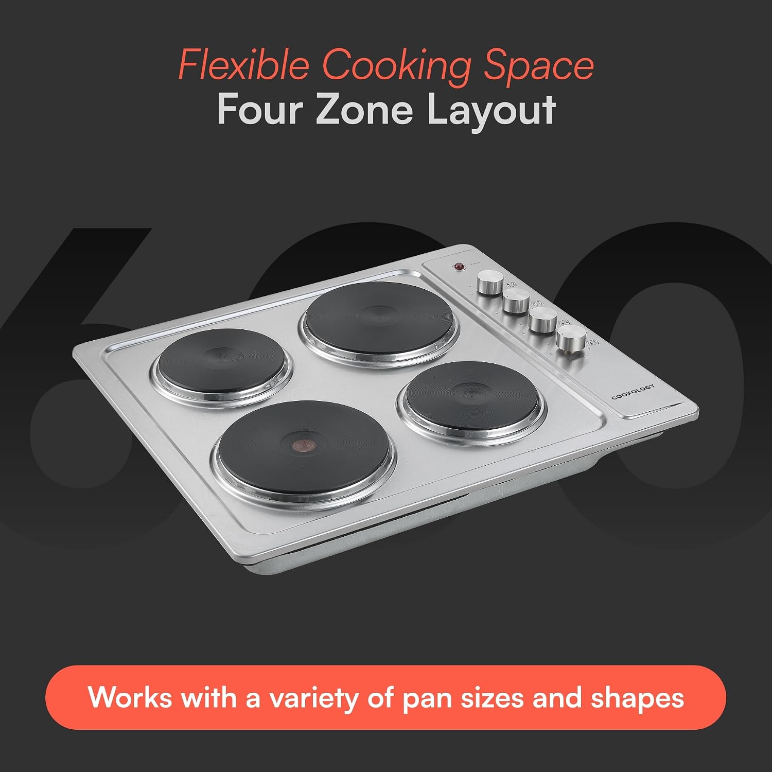 Cookology 60cm Solid Plate Electric Hob - 4 Cooking Zones - Built-in Worktop - 6 Heat Settings - Rotary Dials - Stainless Steel