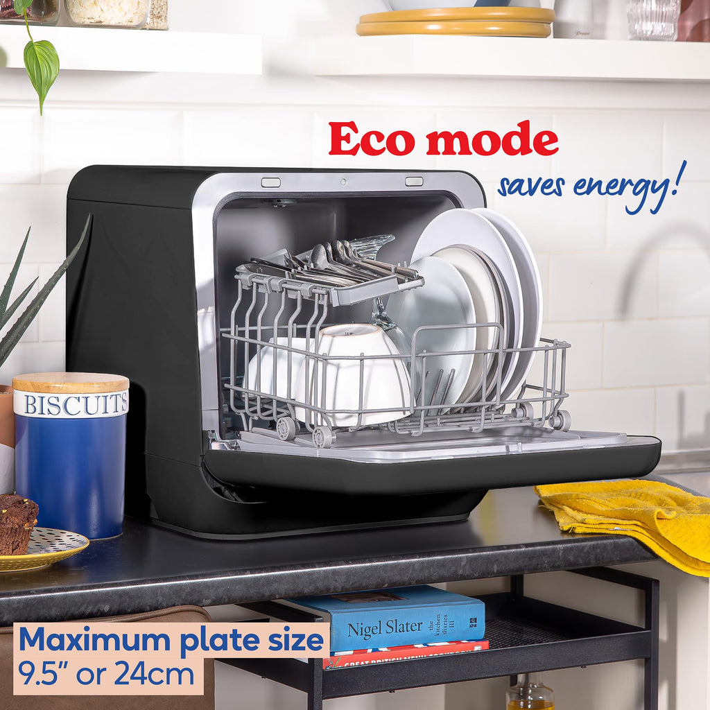 Russell Hobbs Mini Dishwasher Compact Table Top Black 2 Place Setting Dishwasher, LED Touch Control, 4 Programmes, Portable & Efficient, Baby Care, Fruit Wash & Eco Mode, No Plumbing, RH2TTDW101B