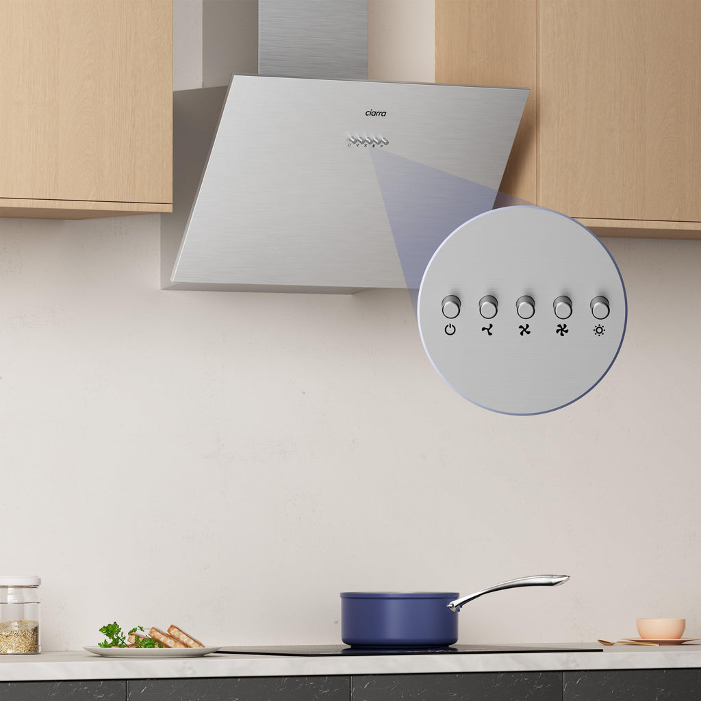 CIARRA CBCS6762A Angled Cooker Hood 60cm with CBCF003 Carbon Filters 650m³/h Head-Free Chimney Vent Hood with LED Lights Ducting&Recirculating Kitchen Extractor Fan