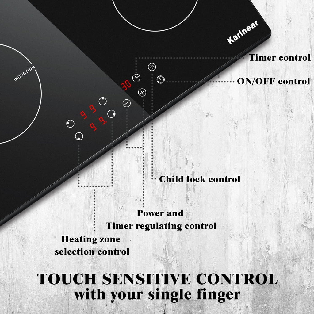 Karinear Induction Hob, 4 Zones Built-in Induction Hob 60cm, with Touch Control 9 Power Level & Child Safety Lock, Timer, Black Crystal Glass