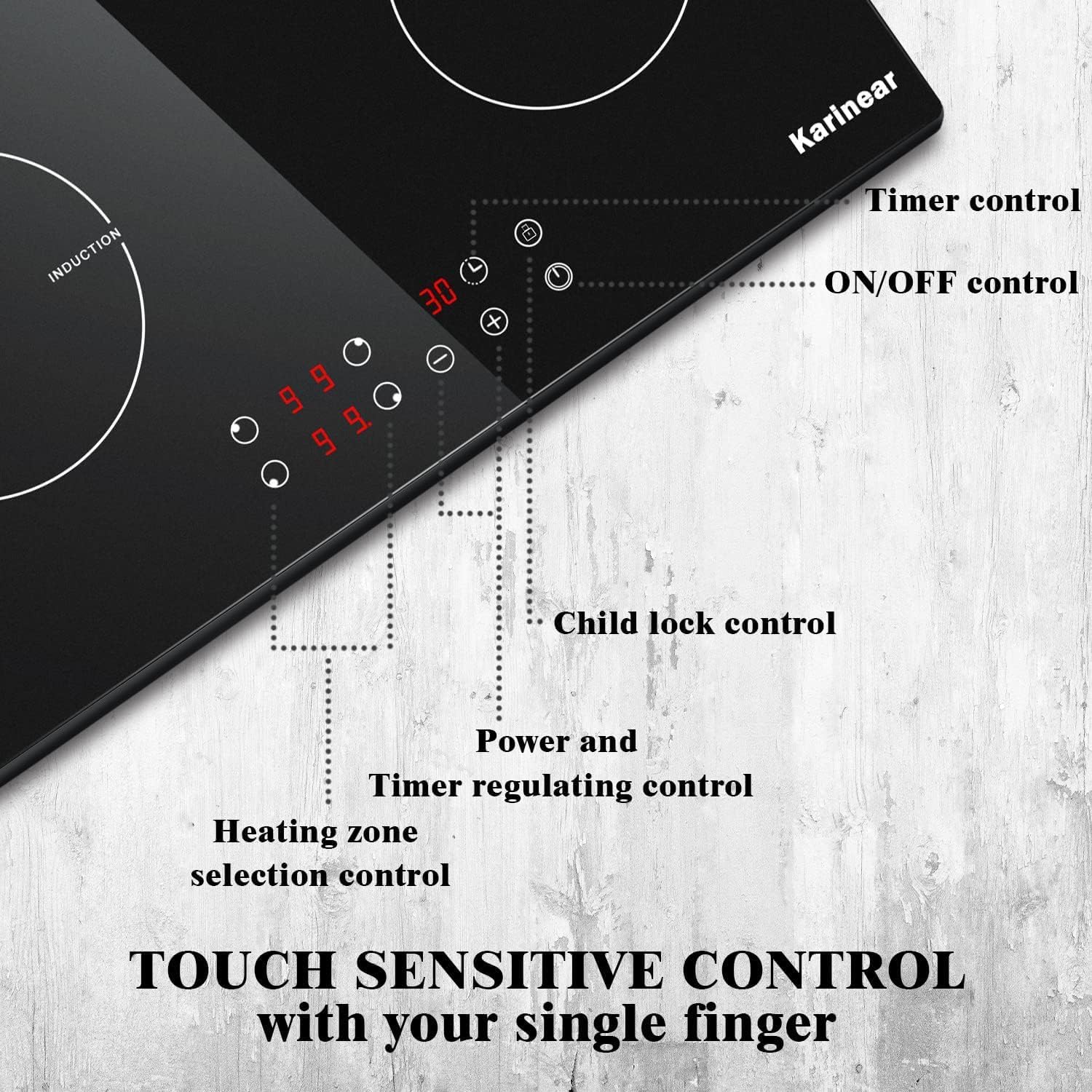 Karinear Induction Hob, 4 Zones Built-in Induction Hob 60cm, with Touch Control 9 Power Level & Child Safety Lock, Timer, Black Crystal Glass
