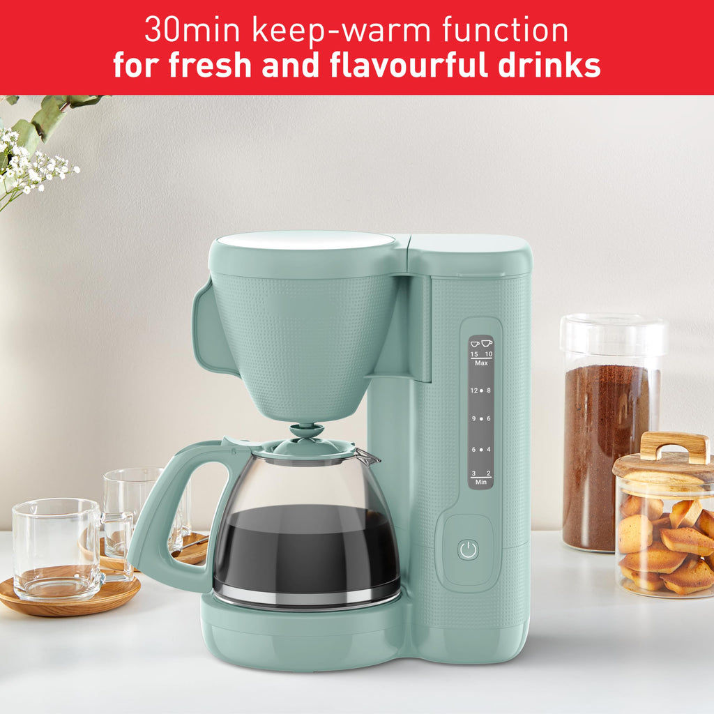Tefal Morning Filter Coffee Maker - Eucalyptus, 1.25L Capacity, Permanent Reusable Filter, Drip-Stop System, Keep-Warm Function, Easy Fill Water Tank, 1000W, CM2M13G0