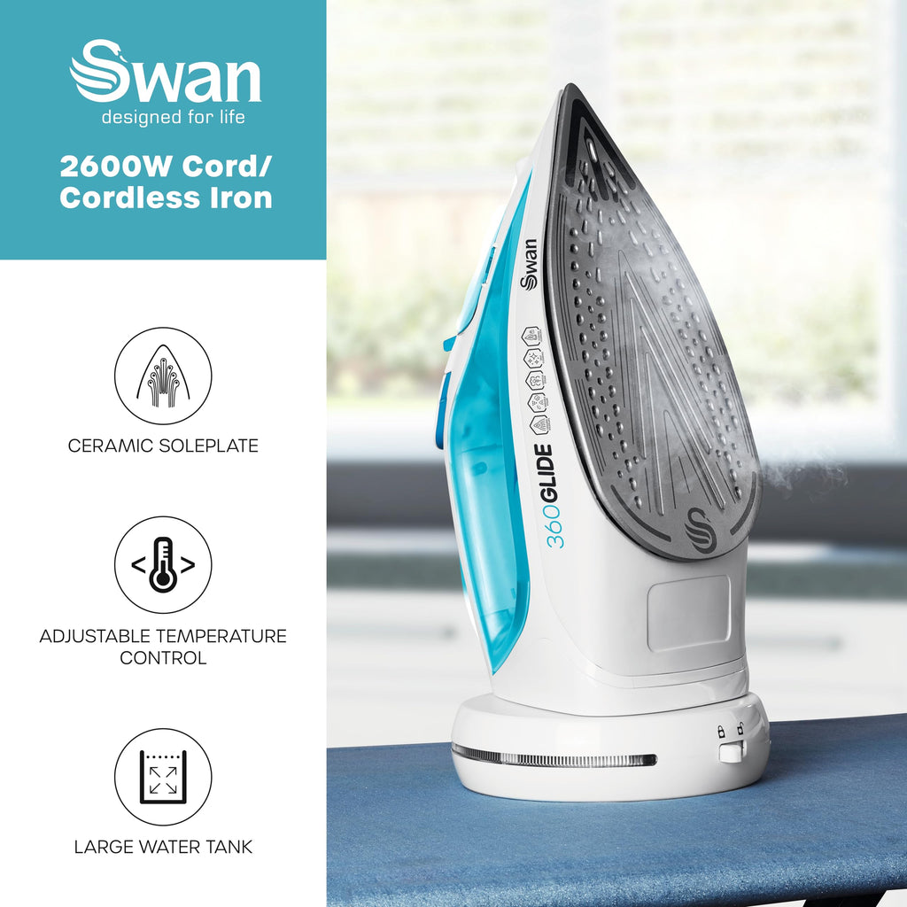 Swan SI16410N 2-in-1 Cord or Cordless Steam Press Iron, Non-Stick Ceramic Soleplate, 2800W, Blue