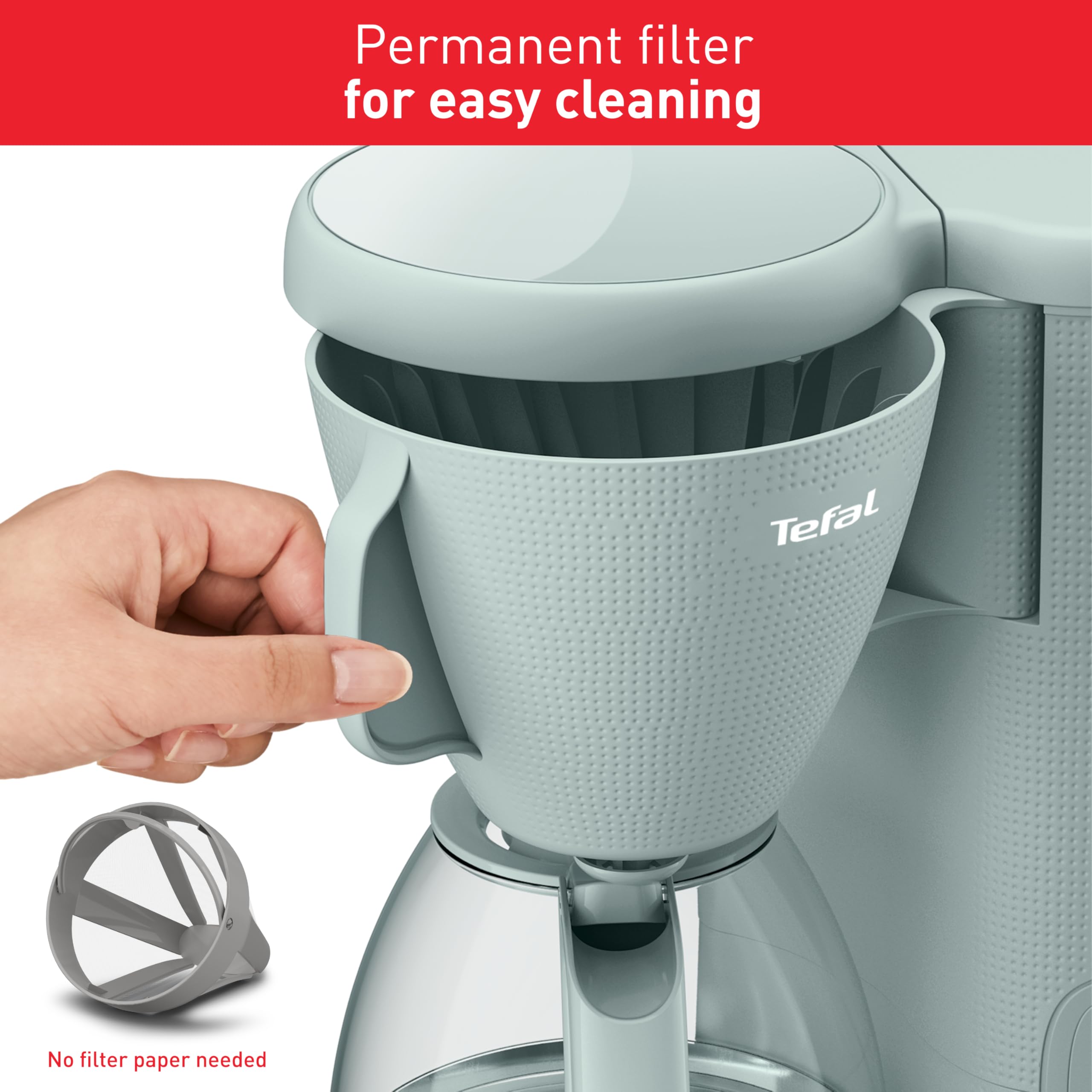Tefal Morning Filter Coffee Maker - Eucalyptus, 1.25L Capacity, Permanent Reusable Filter, Drip-Stop System, Keep-Warm Function, Easy Fill Water Tank, 1000W, CM2M13G0