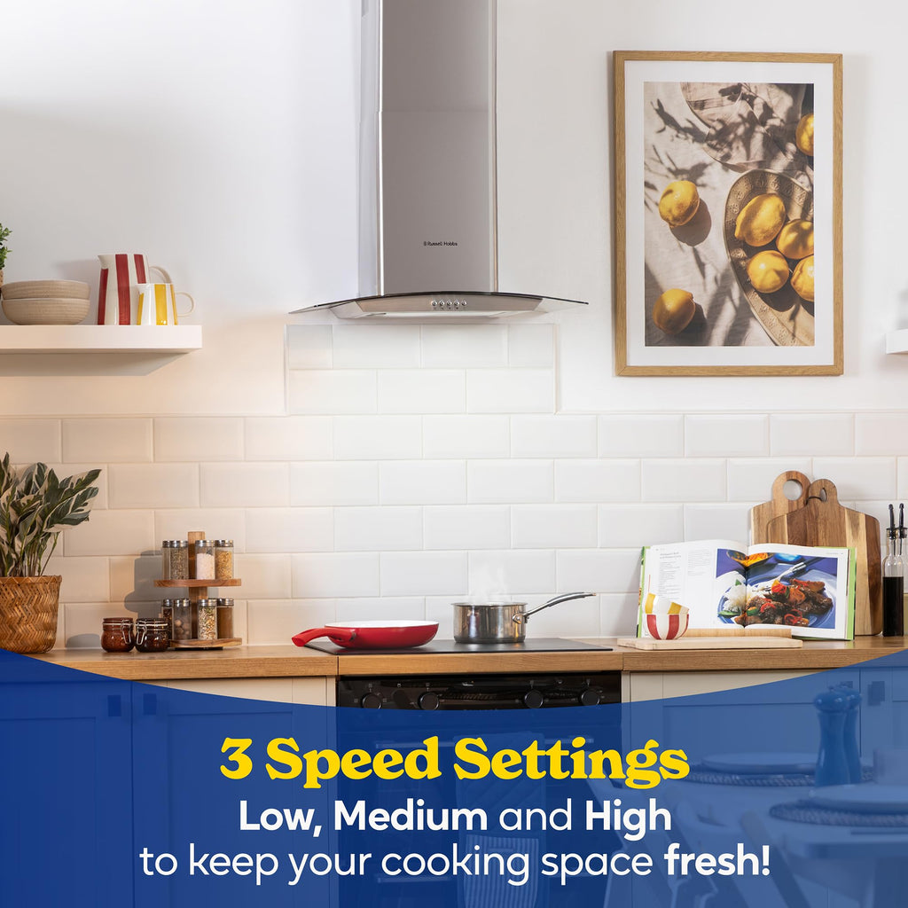 Russell Hobbs 60cm Curved Glass Cooker Hood in Stainless Steel with 3 Speed Settings, 1 x Carbon Filter, Extraction or Recirculation, 540m³/h Extraction Rate, A+ Energy Rating, RH60GCH92A1SS