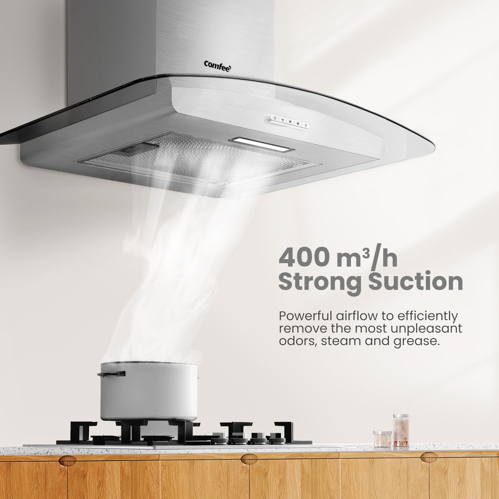 COMFEE' Canopy Cooker Hood 60cm GLAV17B-60 Curved Glass Chimney Hood with LED Light, 600mm Kitchen Extractor Fan Kitchen- Black