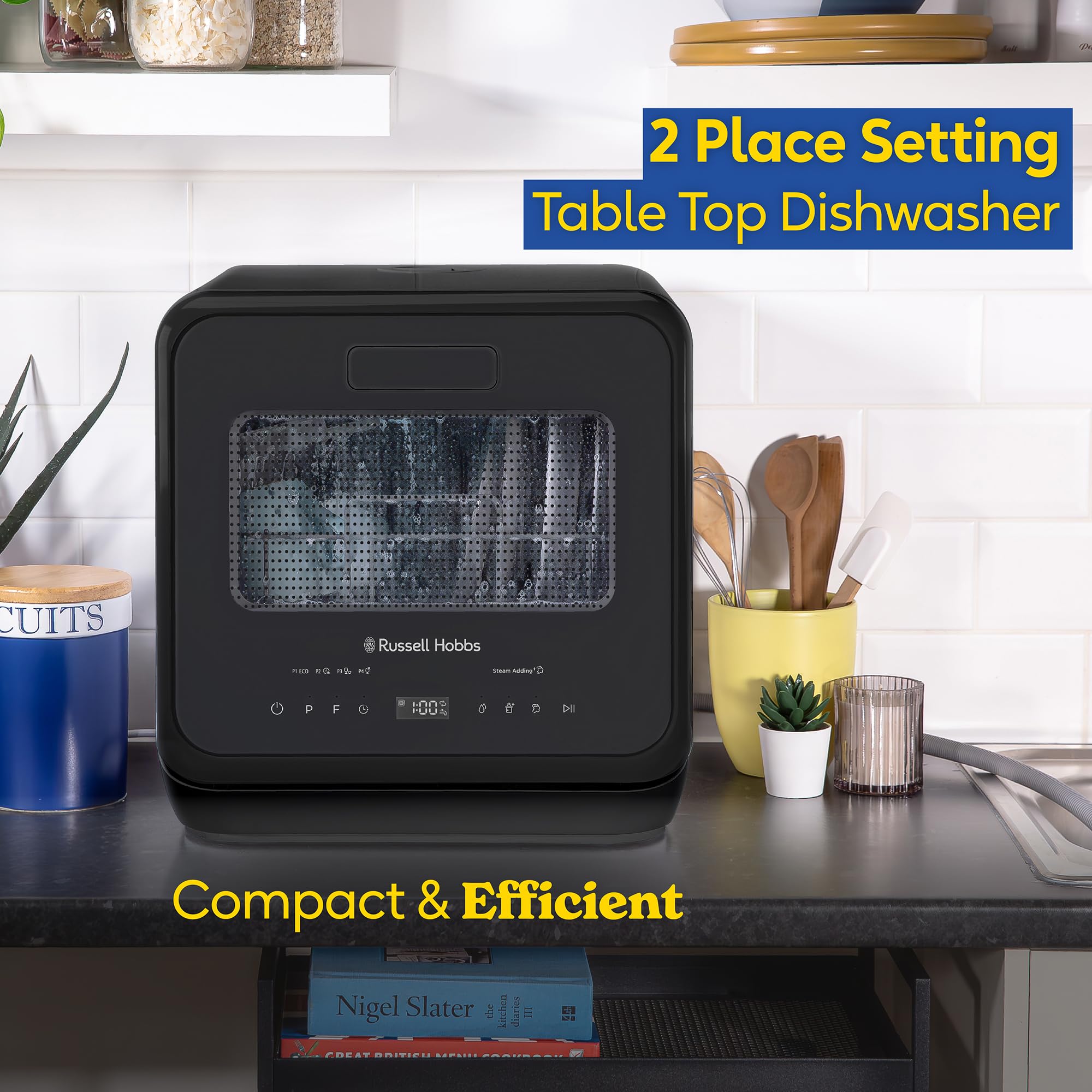 Russell Hobbs Mini Dishwasher Compact Table Top Black 2 Place Setting Dishwasher, LED Touch Control, 4 Programmes, Portable & Efficient, Baby Care, Fruit Wash & Eco Mode, No Plumbing, RH2TTDW101B