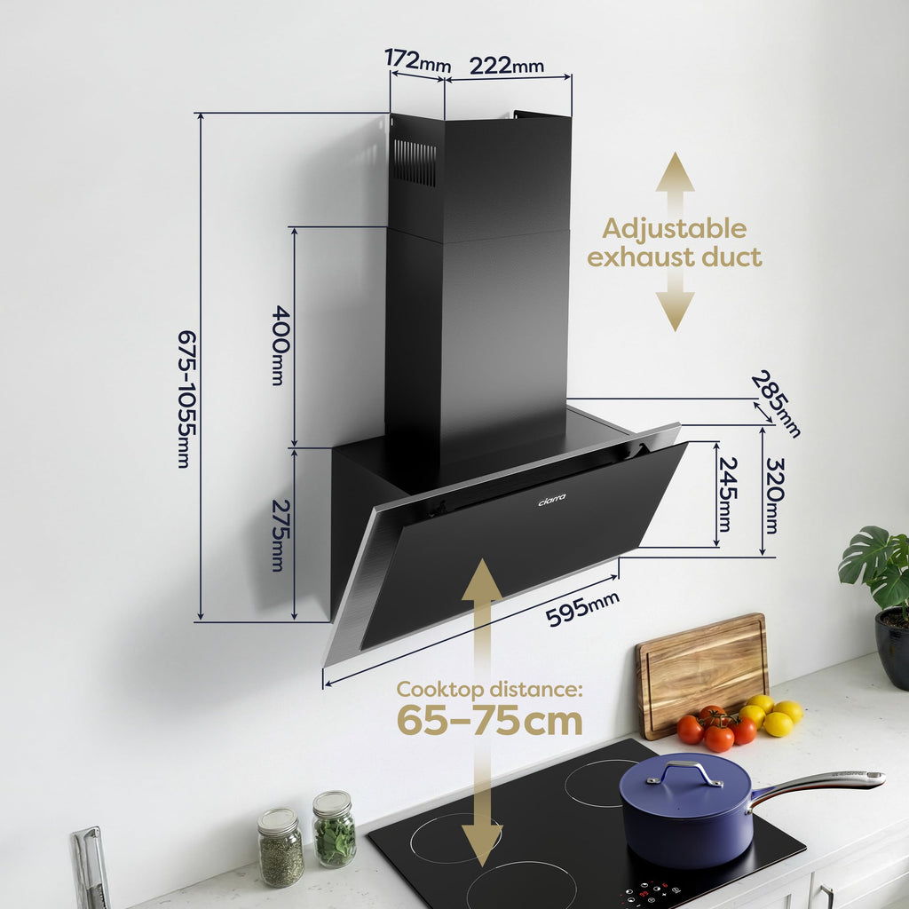 CIARRA CBCS6762A Angled Cooker Hood 60cm with CBCF003 Carbon Filters 650m³/h Head-Free Chimney Vent Hood with LED Lights Ducting&Recirculating Kitchen Extractor Fan