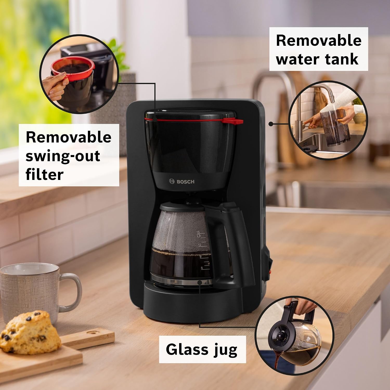 Bosch MyMoment 1.4L Filter Coffee Machine with anti drip function, TKA2M113GB, Black