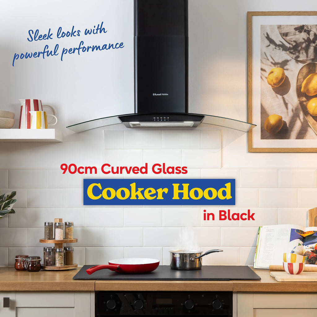 Russell Hobbs 60cm Curved Glass Cooker Hood in Stainless Steel with 3 Speed Settings, 1 x Carbon Filter, Extraction or Recirculation, 540m³/h Extraction Rate, A+ Energy Rating, RH60GCH92A1SS
