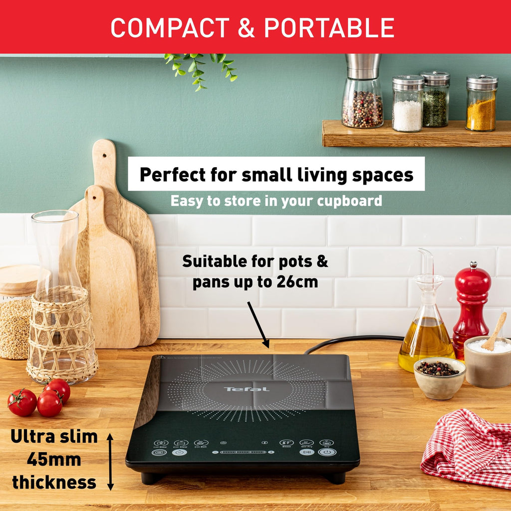 Tefal Slim Portable Induction Hob, Compact, 2100 W Power, 6 functions, Electric, Slim, Black, Easy To Clean, Black Modern Design, Cooker, Kitchen, Party IH210840