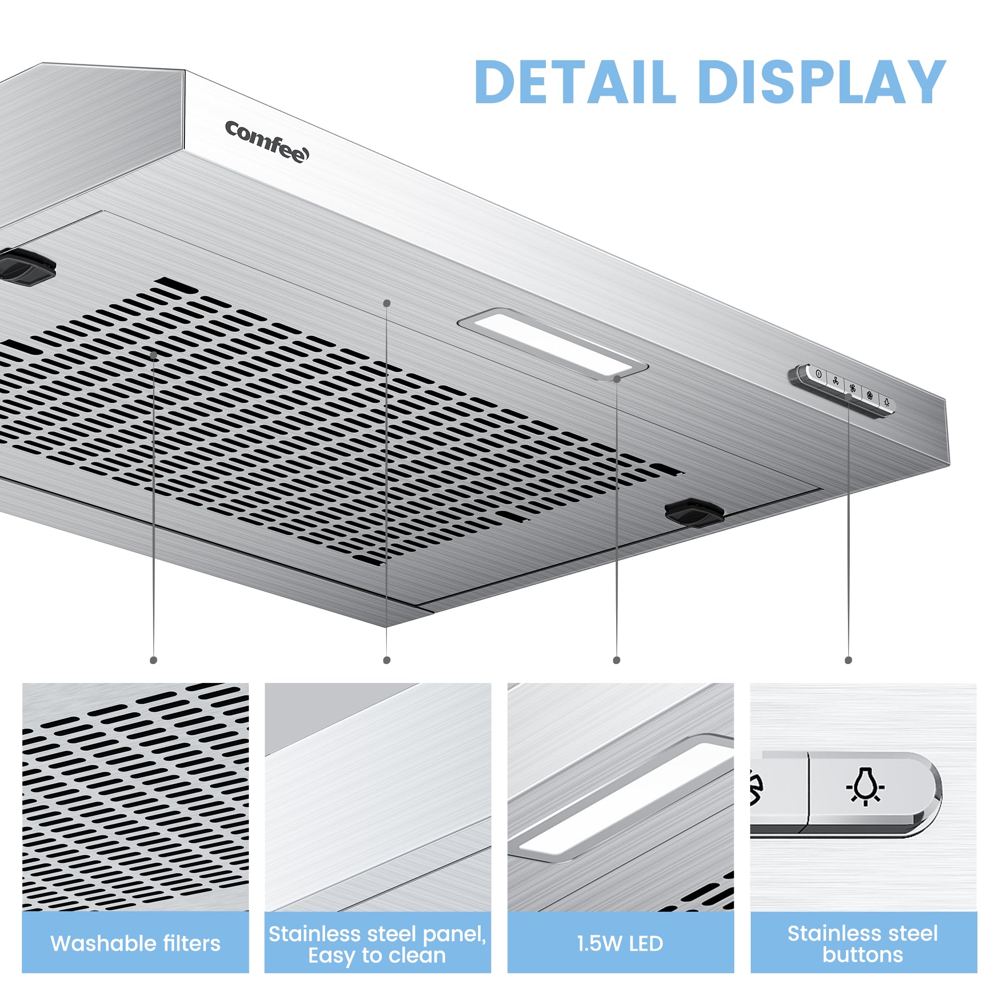 COMFEE' Visor Cooker Hood SLIF17SS-60 LED Extractor Hood Under Cabinet Hood Wall Mounted Extractor Fan Kitchen 60cm Top Vented Range Hood - Stainless Steel