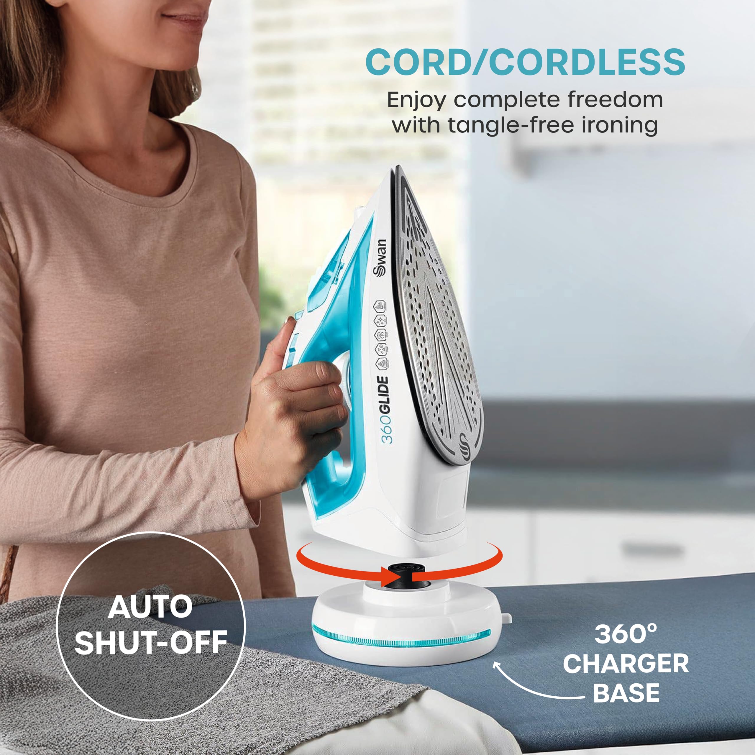 Swan SI16410N 2-in-1 Cord or Cordless Steam Press Iron, Non-Stick Ceramic Soleplate, 2800W, Blue