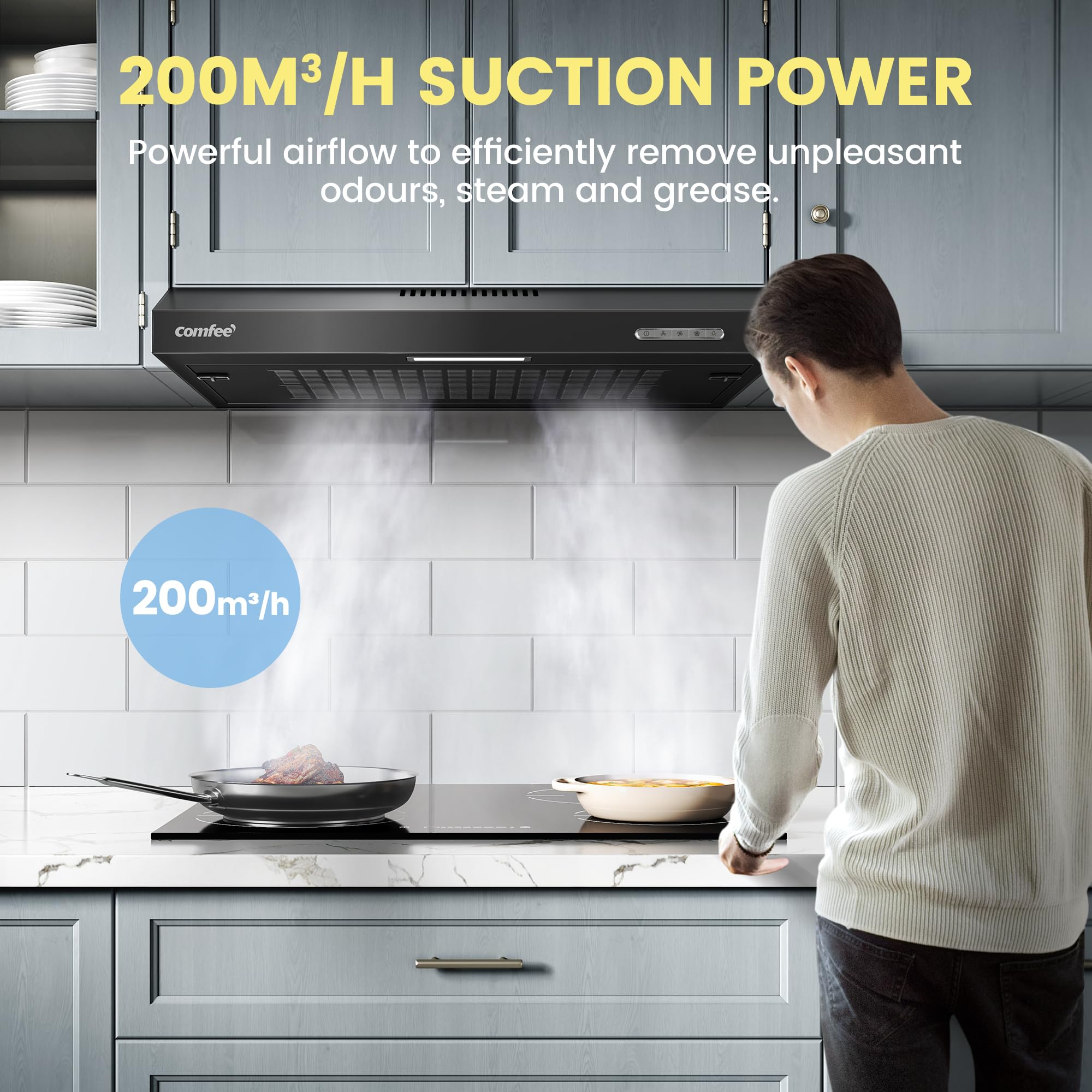 COMFEE' Visor Cooker Hood SLIF17SS-60 LED Extractor Hood Under Cabinet Hood Wall Mounted Extractor Fan Kitchen 60cm Top Vented Range Hood - Stainless Steel