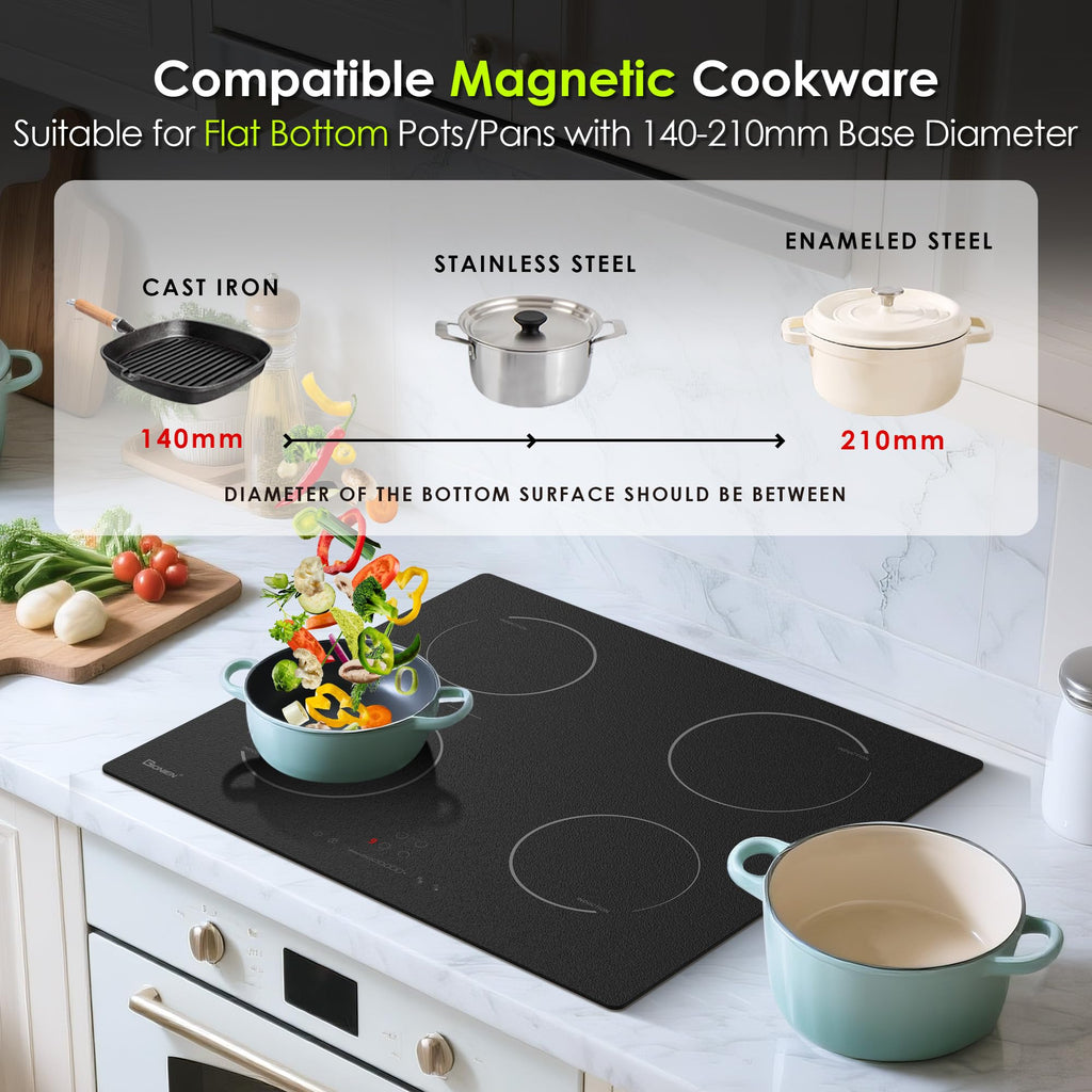 GlONlEN Plug-in Induction Hob 13 Amp 2800W,60cm Integrated Electric Cooktop with Bridge Zone, 4 Cooking Rings Cooker GIT470SP,Drop-in Ranges
