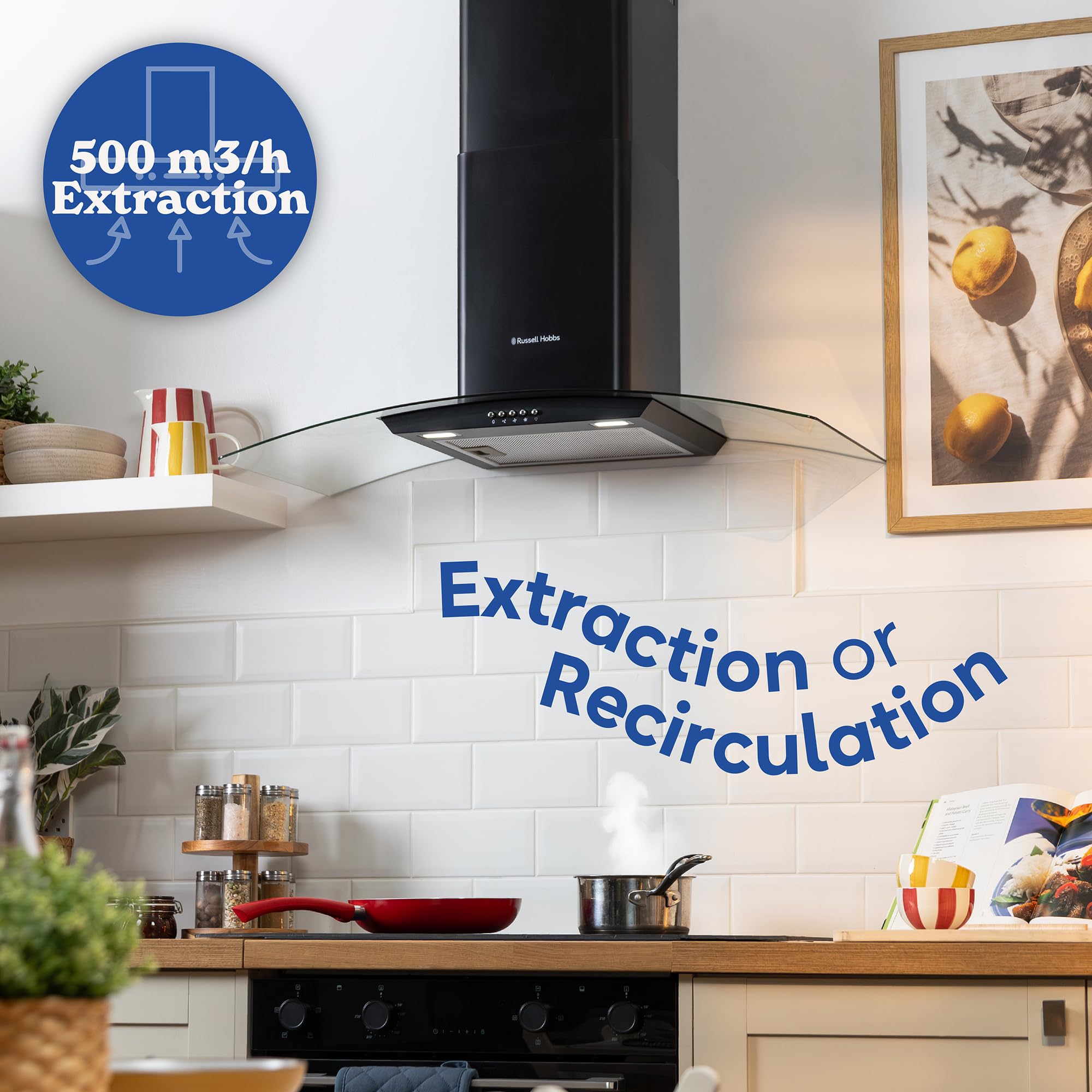Russell Hobbs 60cm Curved Glass Cooker Hood in Stainless Steel with 3 Speed Settings, 1 x Carbon Filter, Extraction or Recirculation, 540m³/h Extraction Rate, A+ Energy Rating, RH60GCH92A1SS