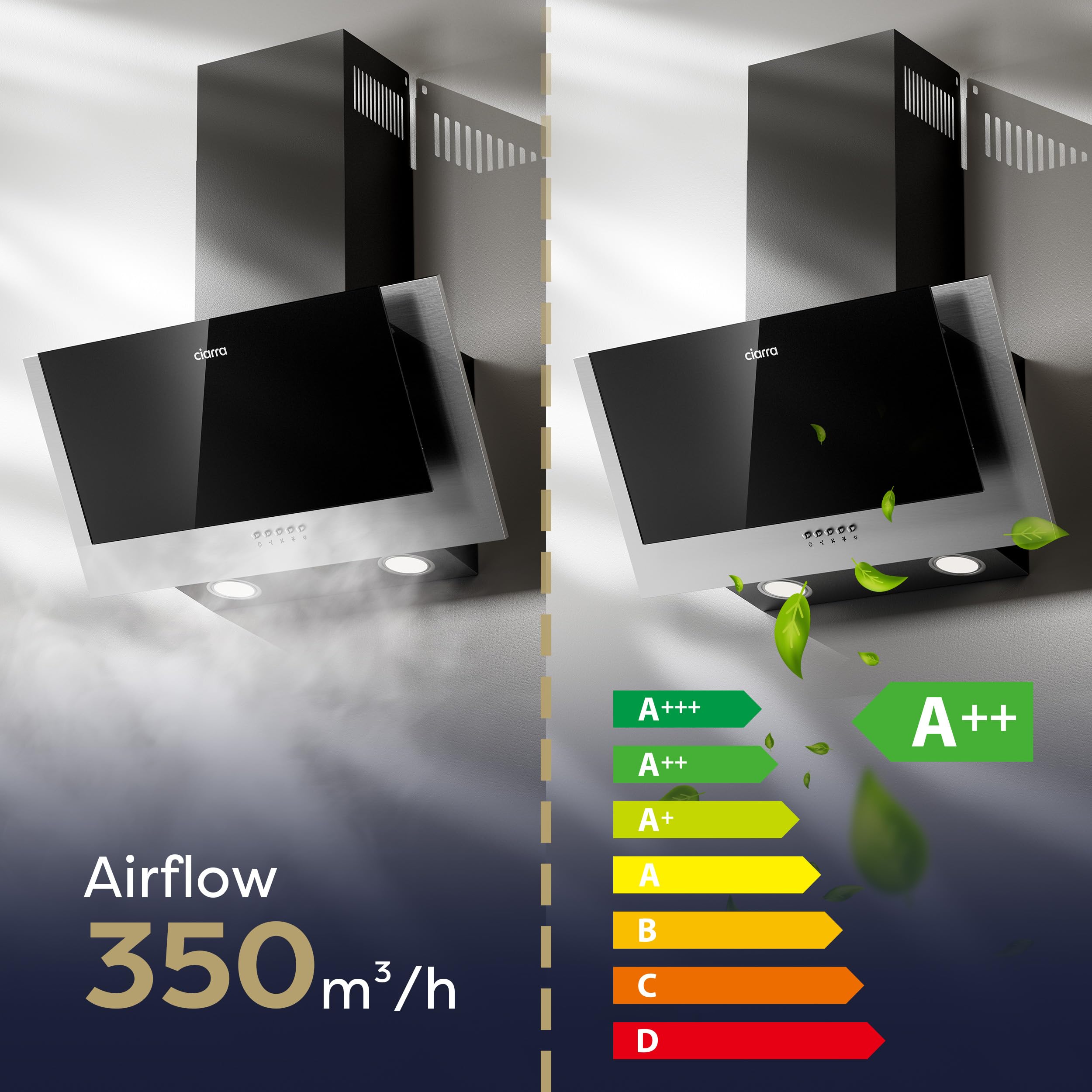CIARRA CBCS6762A Angled Cooker Hood 60cm with CBCF003 Carbon Filters 650m³/h Head-Free Chimney Vent Hood with LED Lights Ducting&Recirculating Kitchen Extractor Fan