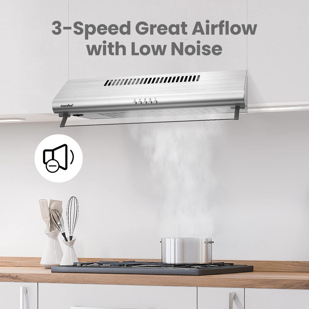 COMFEE' Visor Cooker Hood SLIF17SS-60 LED Extractor Hood Under Cabinet Hood Wall Mounted Extractor Fan Kitchen 60cm Top Vented Range Hood - Stainless Steel