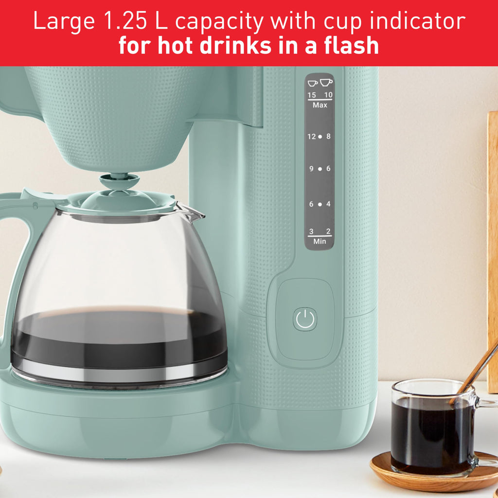 Tefal Morning Filter Coffee Maker - Eucalyptus, 1.25L Capacity, Permanent Reusable Filter, Drip-Stop System, Keep-Warm Function, Easy Fill Water Tank, 1000W, CM2M13G0
