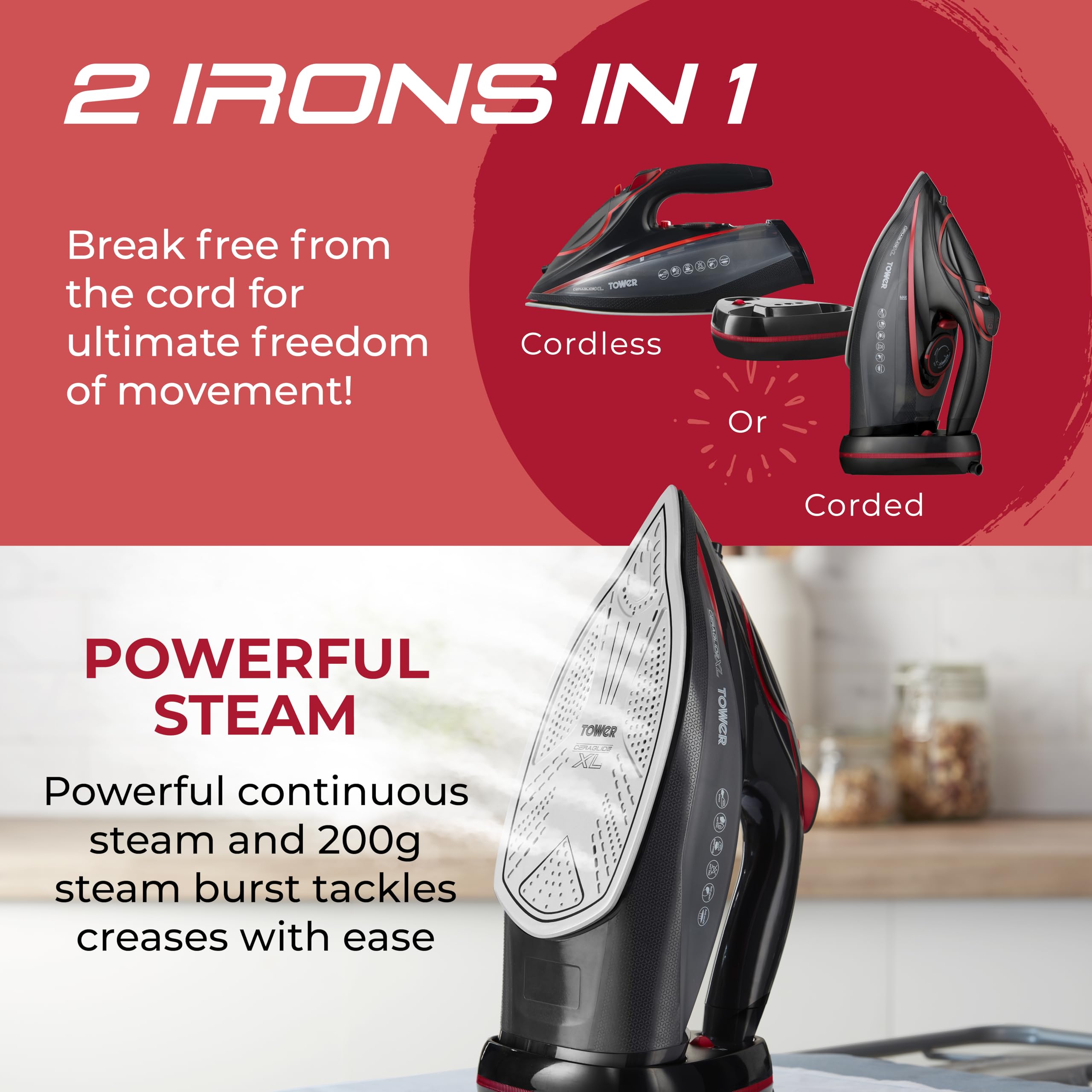 Tower T22008 CeraGlide Cordless Steam Iron with Ceramic Soleplate and Variable Steam Function, 2400 W, Purple
