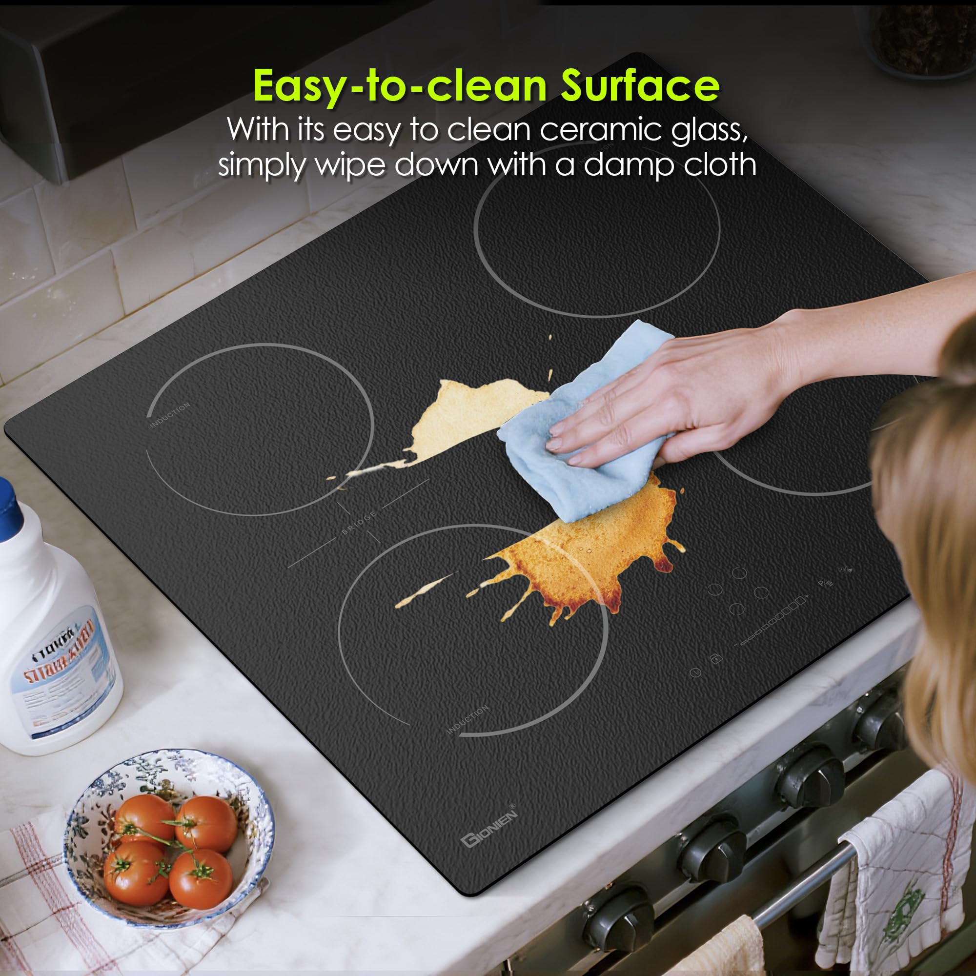 GlONlEN Plug-in Induction Hob 13 Amp 2800W,60cm Integrated Electric Cooktop with Bridge Zone, 4 Cooking Rings Cooker GIT470SP,Drop-in Ranges