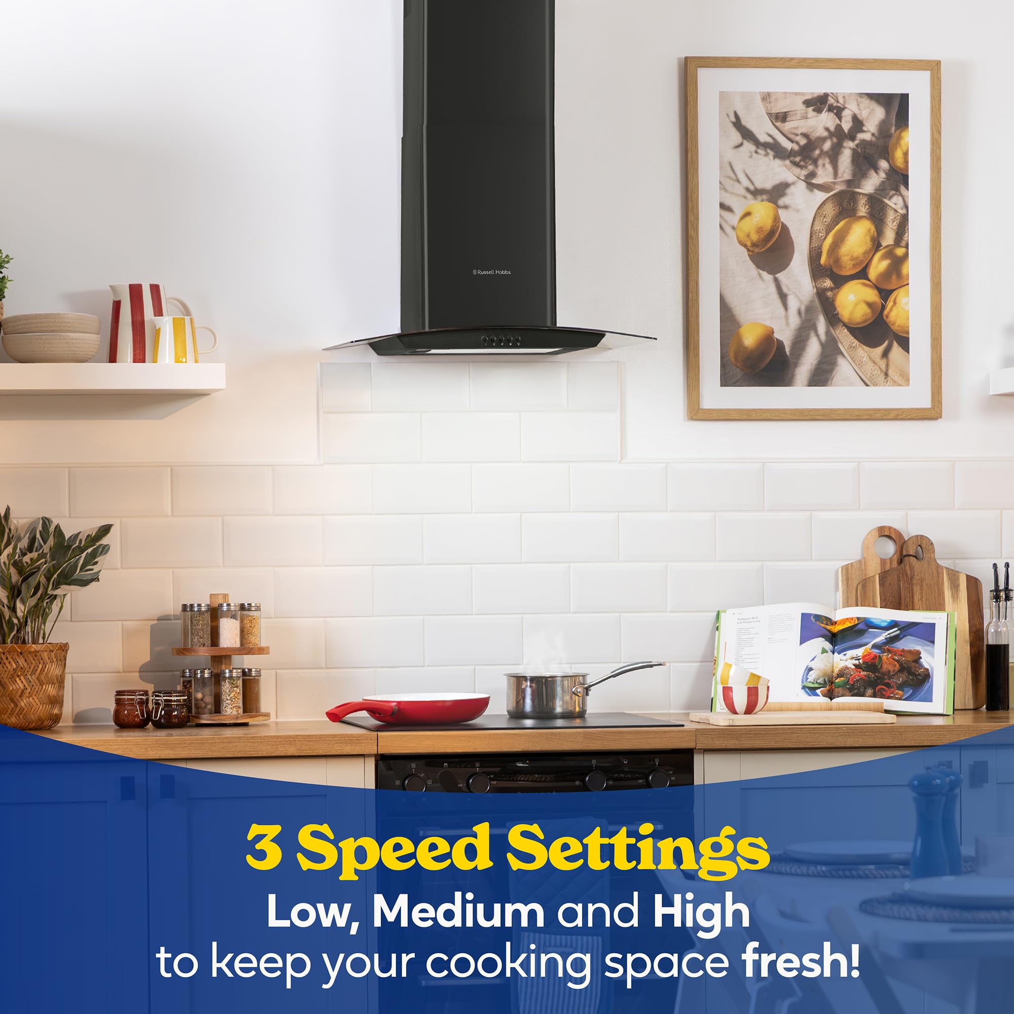 Russell Hobbs 60cm Curved Glass Cooker Hood in Stainless Steel with 3 Speed Settings, 1 x Carbon Filter, Extraction or Recirculation, 540m³/h Extraction Rate, A+ Energy Rating, RH60GCH92A1SS