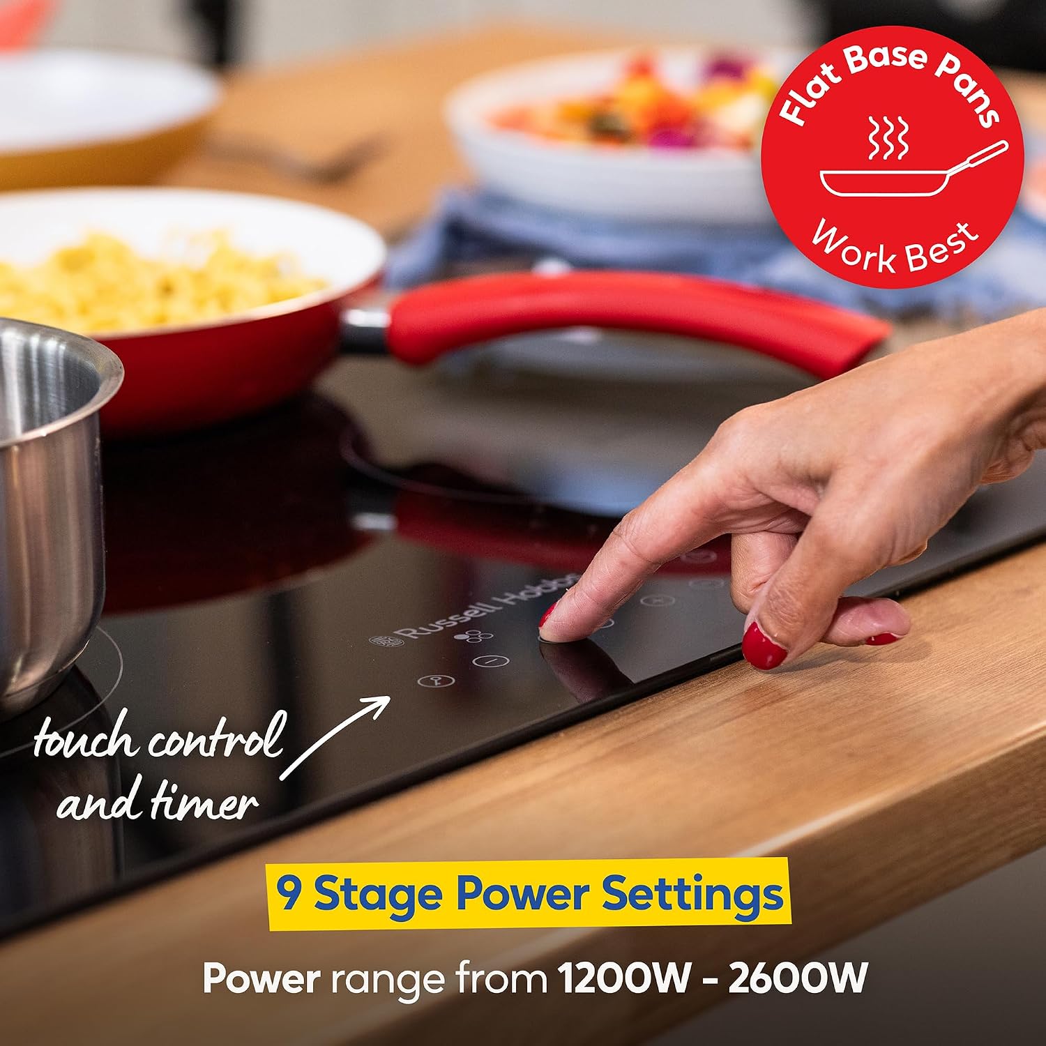 Russell Hobbs Electric Ceramic Hob 59cm Wide with 4 Cooking Zones, Electric 9 Power Levels, Touch Control & Easy Clean, Safety Cut Off, Timer & LED Display, Child Lock RH60EH413B
