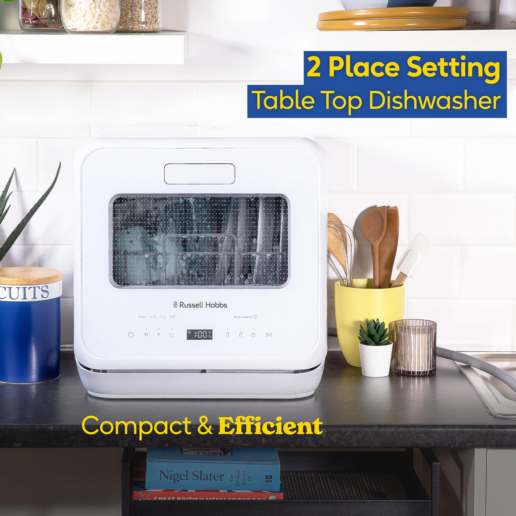 Russell Hobbs Mini Dishwasher Compact Table Top Black 2 Place Setting Dishwasher, LED Touch Control, 4 Programmes, Portable & Efficient, Baby Care, Fruit Wash & Eco Mode, No Plumbing, RH2TTDW101B