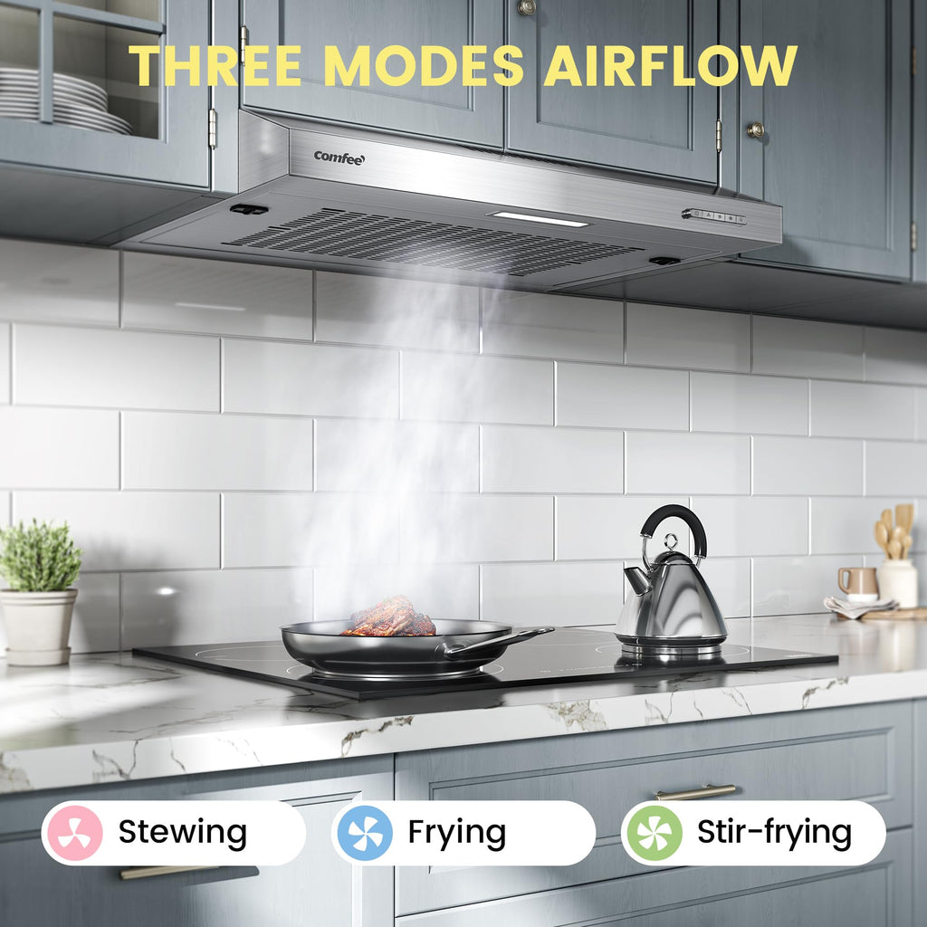 COMFEE' Visor Cooker Hood SLIF17SS-60 LED Extractor Hood Under Cabinet Hood Wall Mounted Extractor Fan Kitchen 60cm Top Vented Range Hood - Stainless Steel