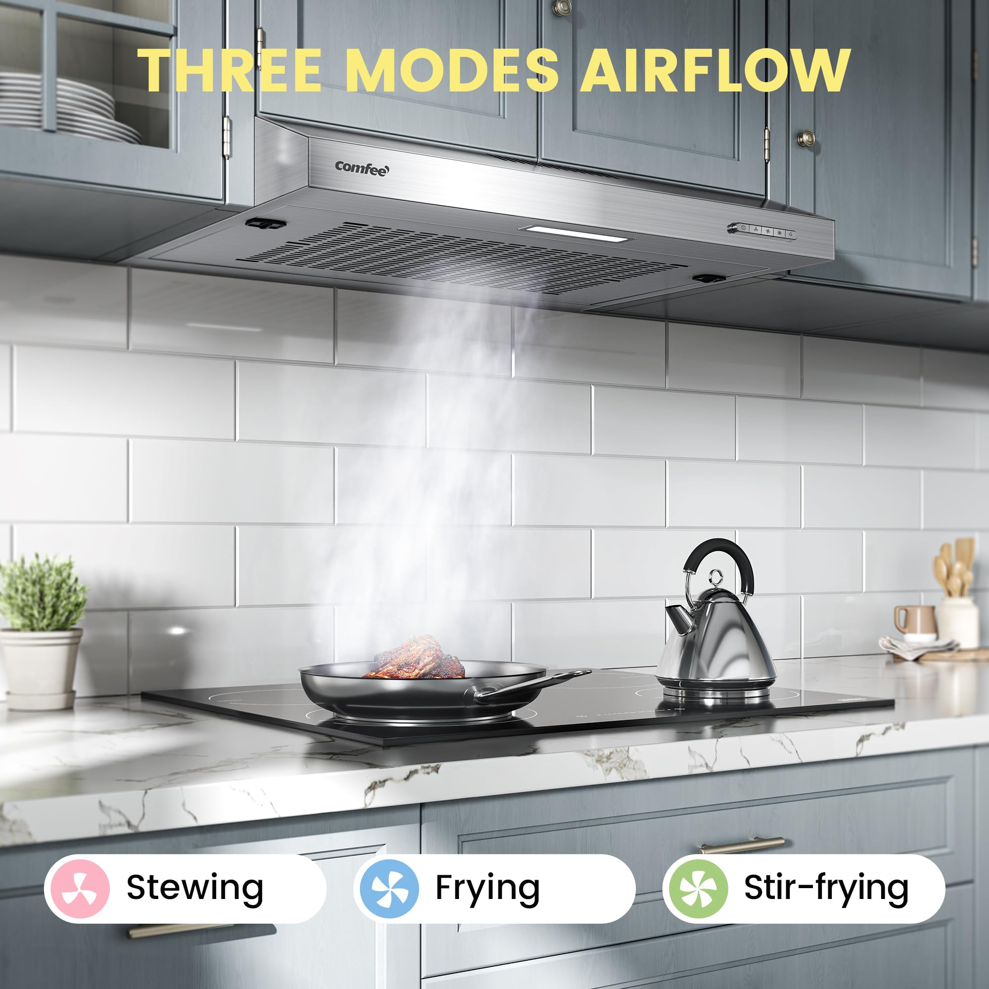 COMFEE' Visor Cooker Hood SLIF17SS-60 LED Extractor Hood Under Cabinet Hood Wall Mounted Extractor Fan Kitchen 60cm Top Vented Range Hood - Stainless Steel