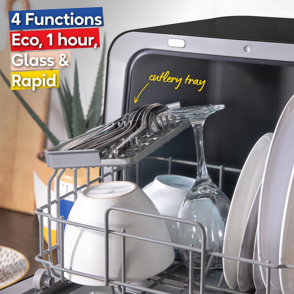 Russell Hobbs Mini Dishwasher Compact Table Top Black 2 Place Setting Dishwasher, LED Touch Control, 4 Programmes, Portable & Efficient, Baby Care, Fruit Wash & Eco Mode, No Plumbing, RH2TTDW101B