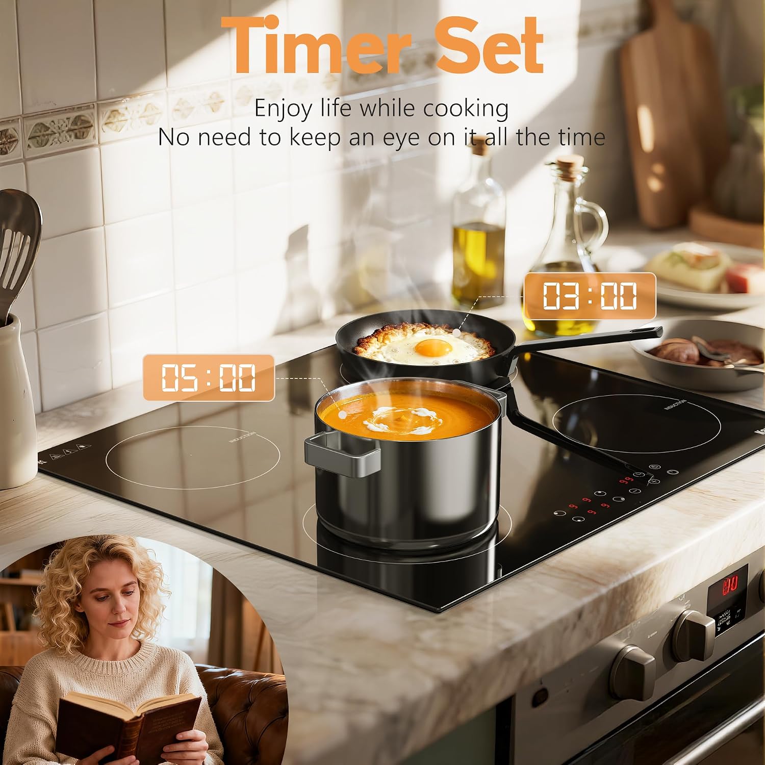 Karinear Induction Hob, 4 Zones Built-in Induction Hob 60cm, with Touch Control 9 Power Level & Child Safety Lock, Timer, Black Crystal Glass