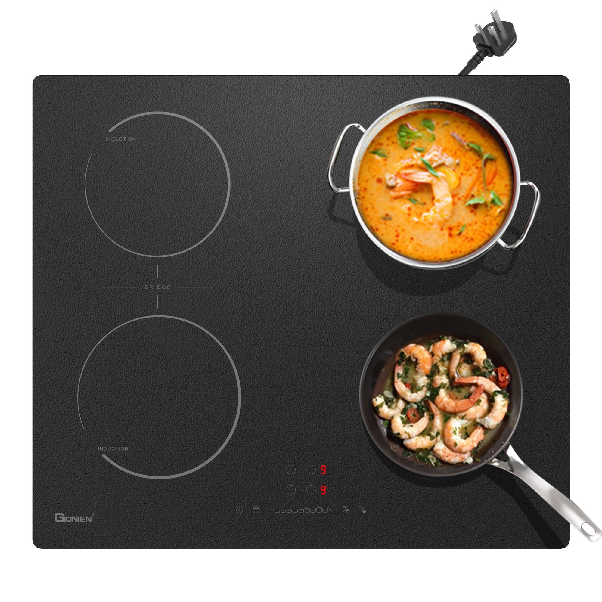 GlONlEN Plug-in Induction Hob 13 Amp 2800W,60cm Integrated Electric Cooktop with Bridge Zone, 4 Cooking Rings Cooker GIT470SP,Drop-in Ranges