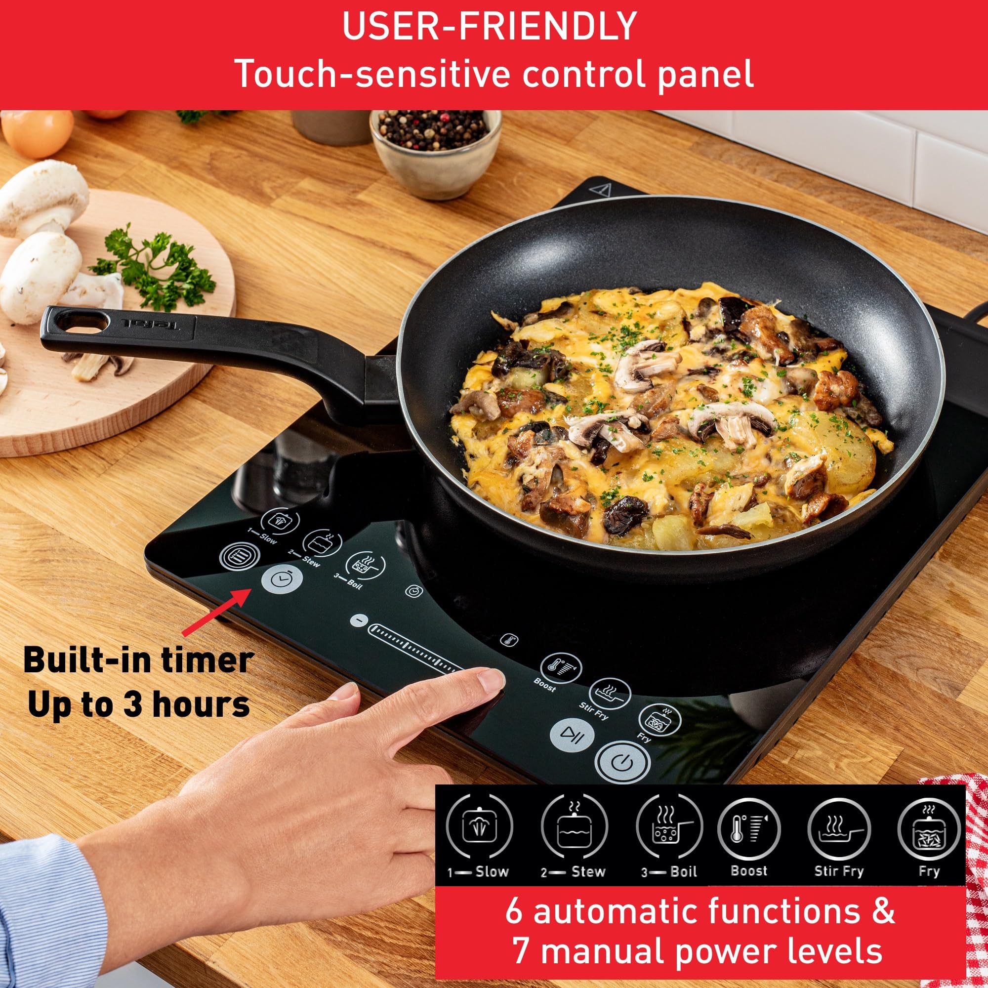 Tefal Slim Portable Induction Hob, Compact, 2100 W Power, 6 functions, Electric, Slim, Black, Easy To Clean, Black Modern Design, Cooker, Kitchen, Party IH210840