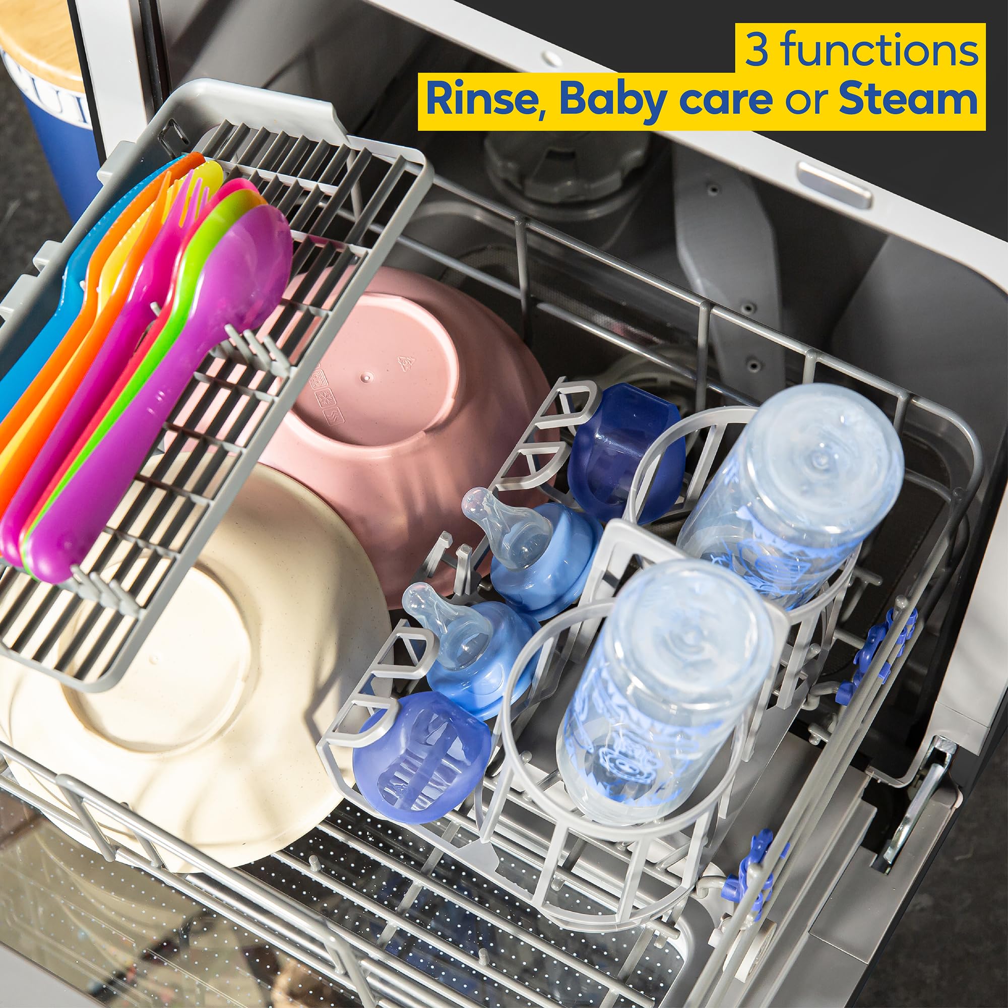 Russell Hobbs Mini Dishwasher Compact Table Top Black 2 Place Setting Dishwasher, LED Touch Control, 4 Programmes, Portable & Efficient, Baby Care, Fruit Wash & Eco Mode, No Plumbing, RH2TTDW101B