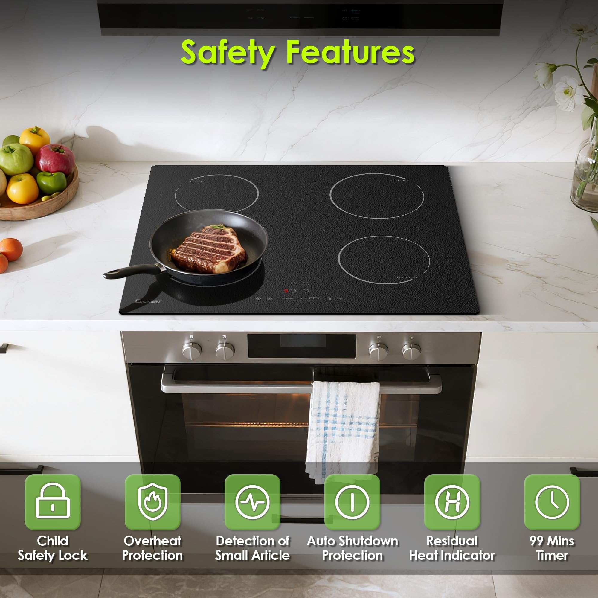 GlONlEN Plug-in Induction Hob 13 Amp 2800W,60cm Integrated Electric Cooktop with Bridge Zone, 4 Cooking Rings Cooker GIT470SP,Drop-in Ranges