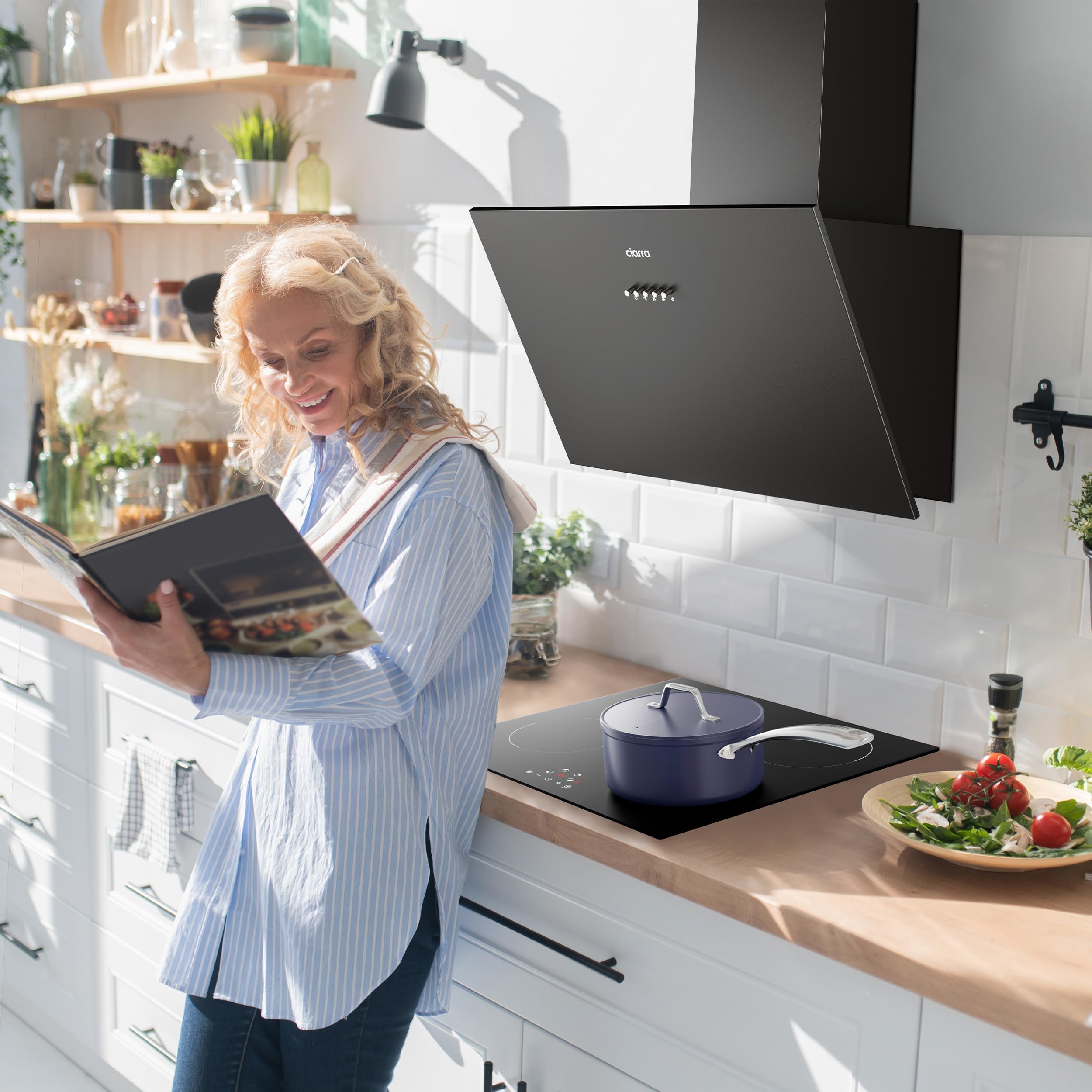 CIARRA CBCS6762A Angled Cooker Hood 60cm with CBCF003 Carbon Filters 650m³/h Head-Free Chimney Vent Hood with LED Lights Ducting&Recirculating Kitchen Extractor Fan