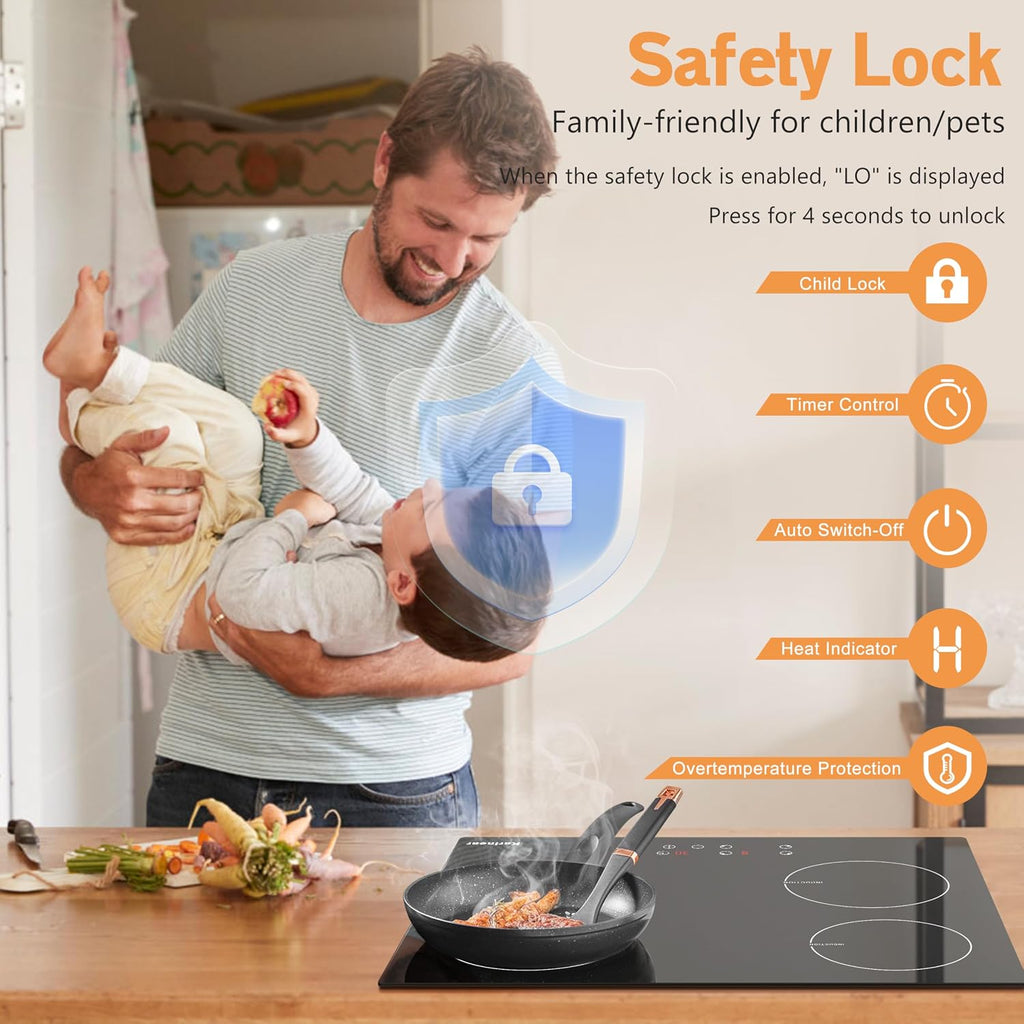 Karinear Induction Hob, 4 Zones Built-in Induction Hob 60cm, with Touch Control 9 Power Level & Child Safety Lock, Timer, Black Crystal Glass