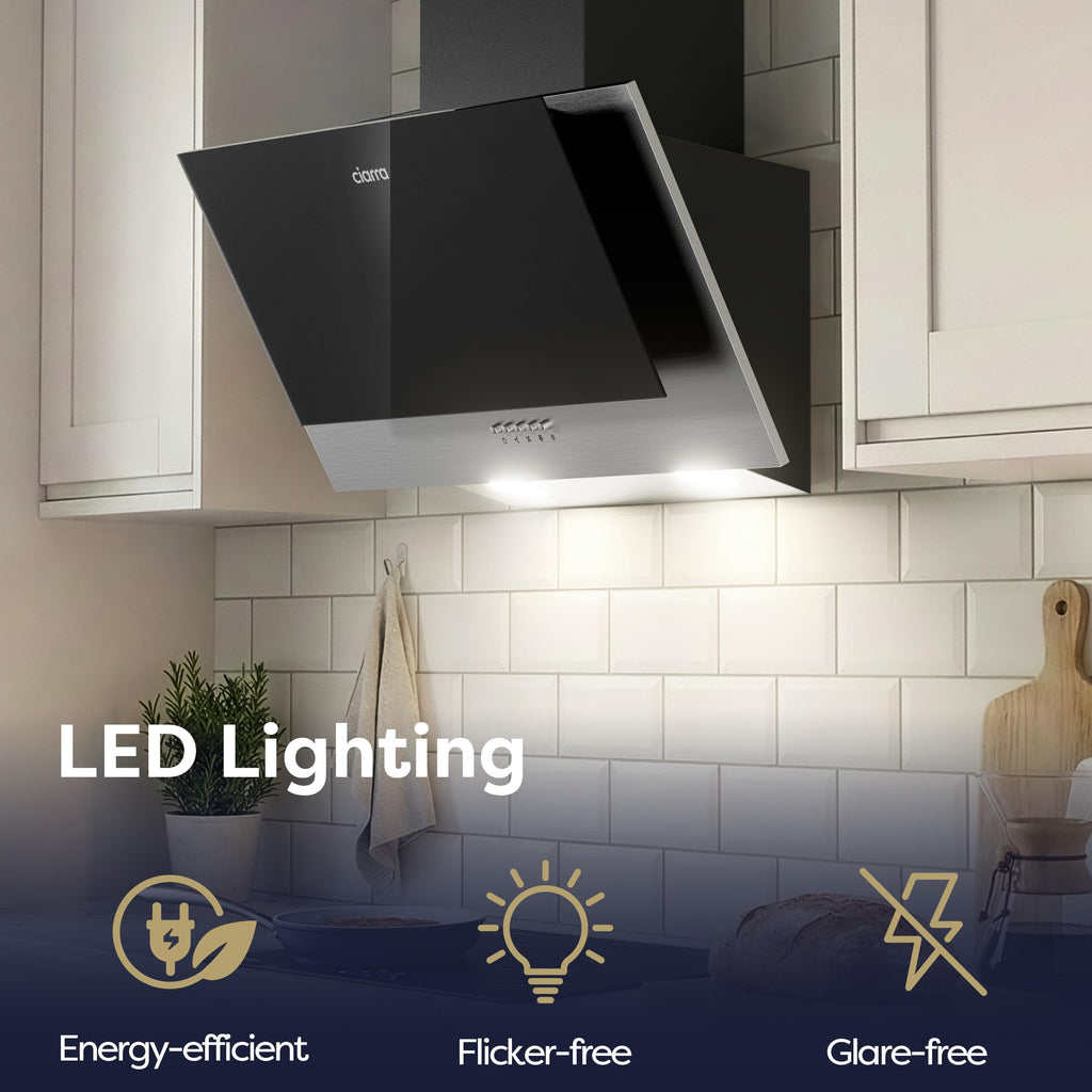 CIARRA CBCS6762A Angled Cooker Hood 60cm with CBCF003 Carbon Filters 650m³/h Head-Free Chimney Vent Hood with LED Lights Ducting&Recirculating Kitchen Extractor Fan