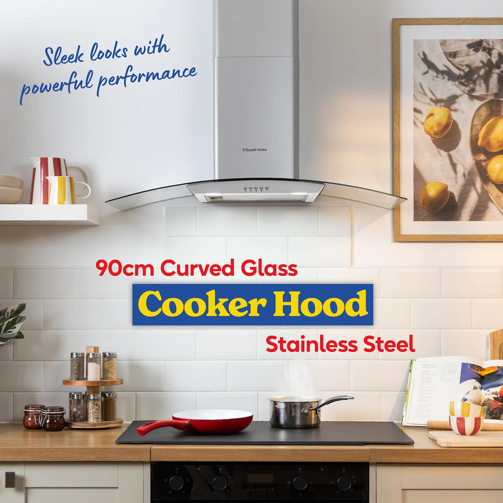 Russell Hobbs 60cm Curved Glass Cooker Hood in Stainless Steel with 3 Speed Settings, 1 x Carbon Filter, Extraction or Recirculation, 540m³/h Extraction Rate, A+ Energy Rating, RH60GCH92A1SS