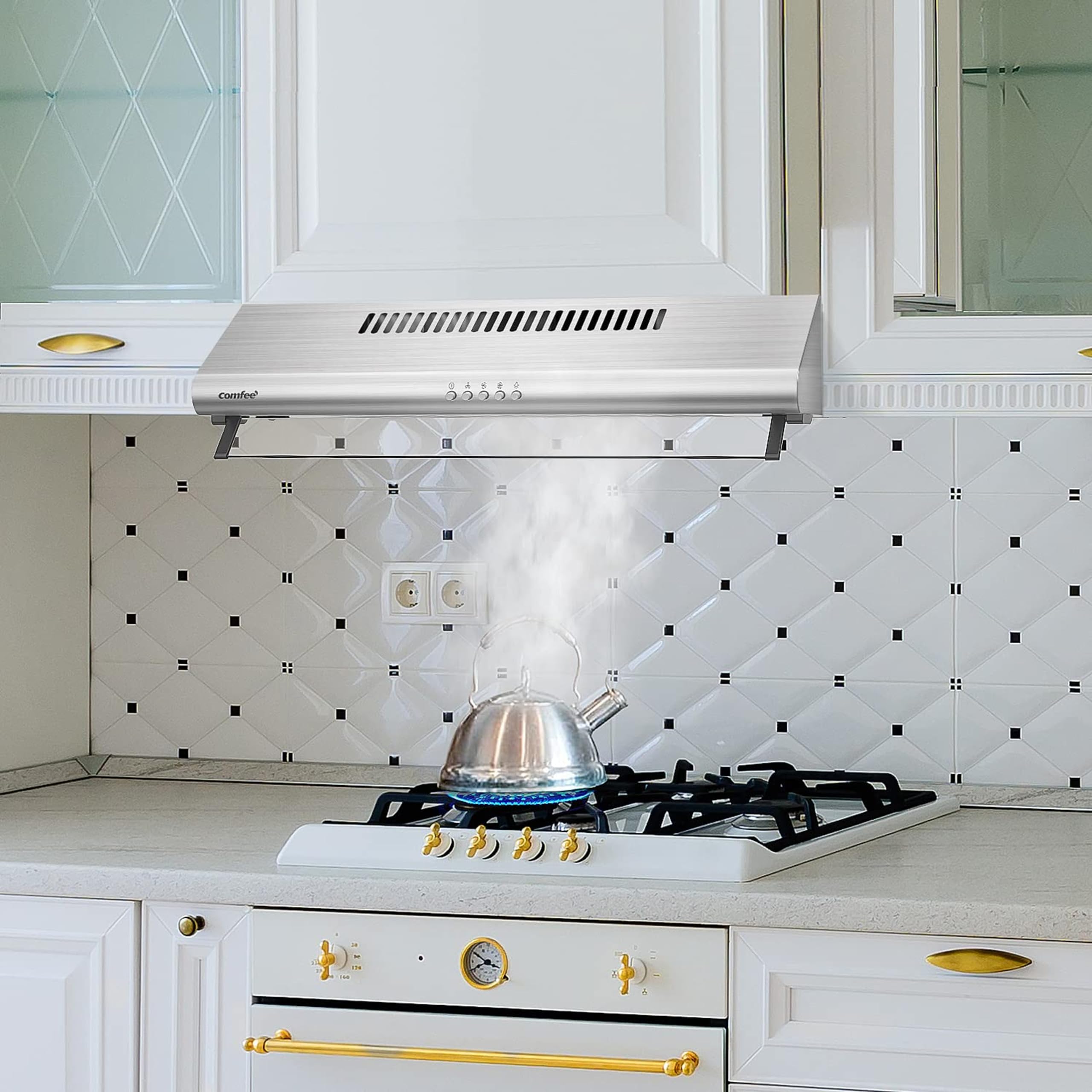 COMFEE' Visor Cooker Hood SLIF17SS-60 LED Extractor Hood Under Cabinet Hood Wall Mounted Extractor Fan Kitchen 60cm Top Vented Range Hood - Stainless Steel