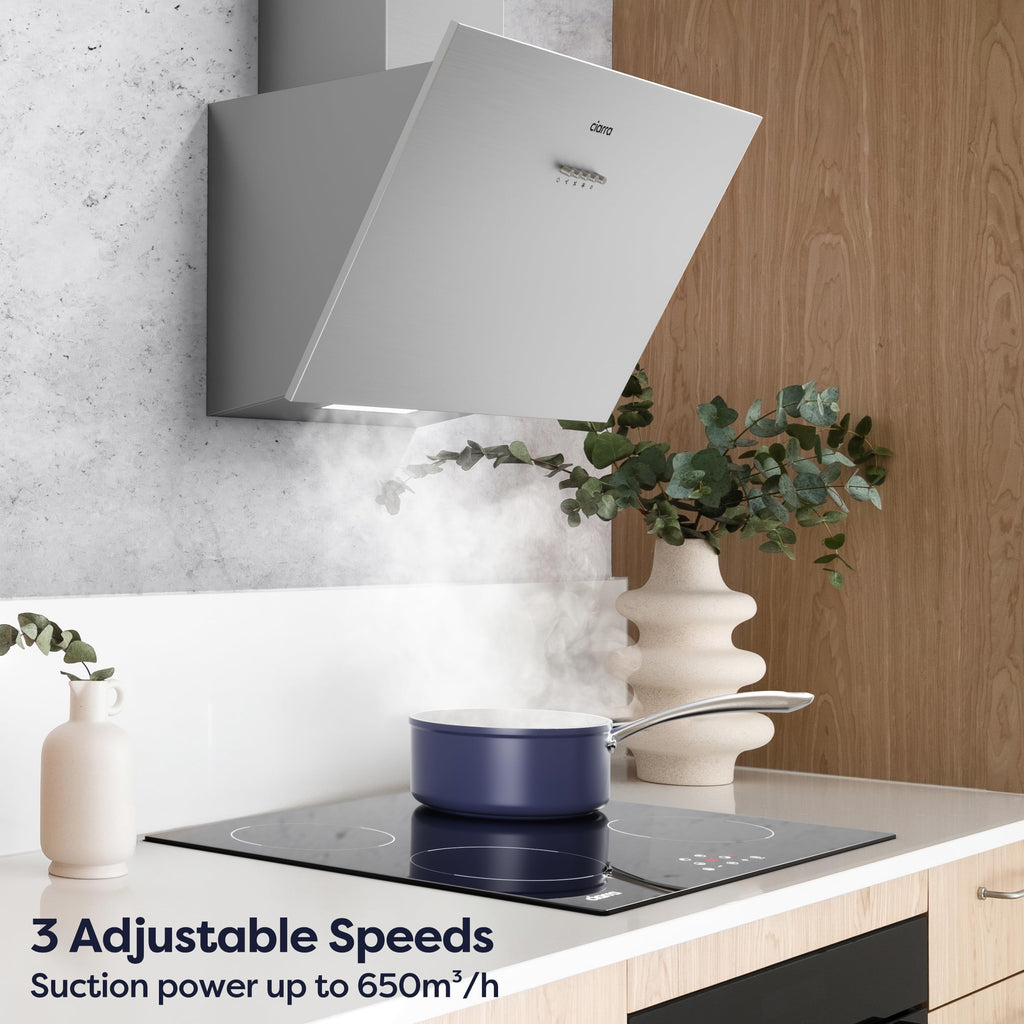 CIARRA CBCS6762A Angled Cooker Hood 60cm with CBCF003 Carbon Filters 650m³/h Head-Free Chimney Vent Hood with LED Lights Ducting&Recirculating Kitchen Extractor Fan
