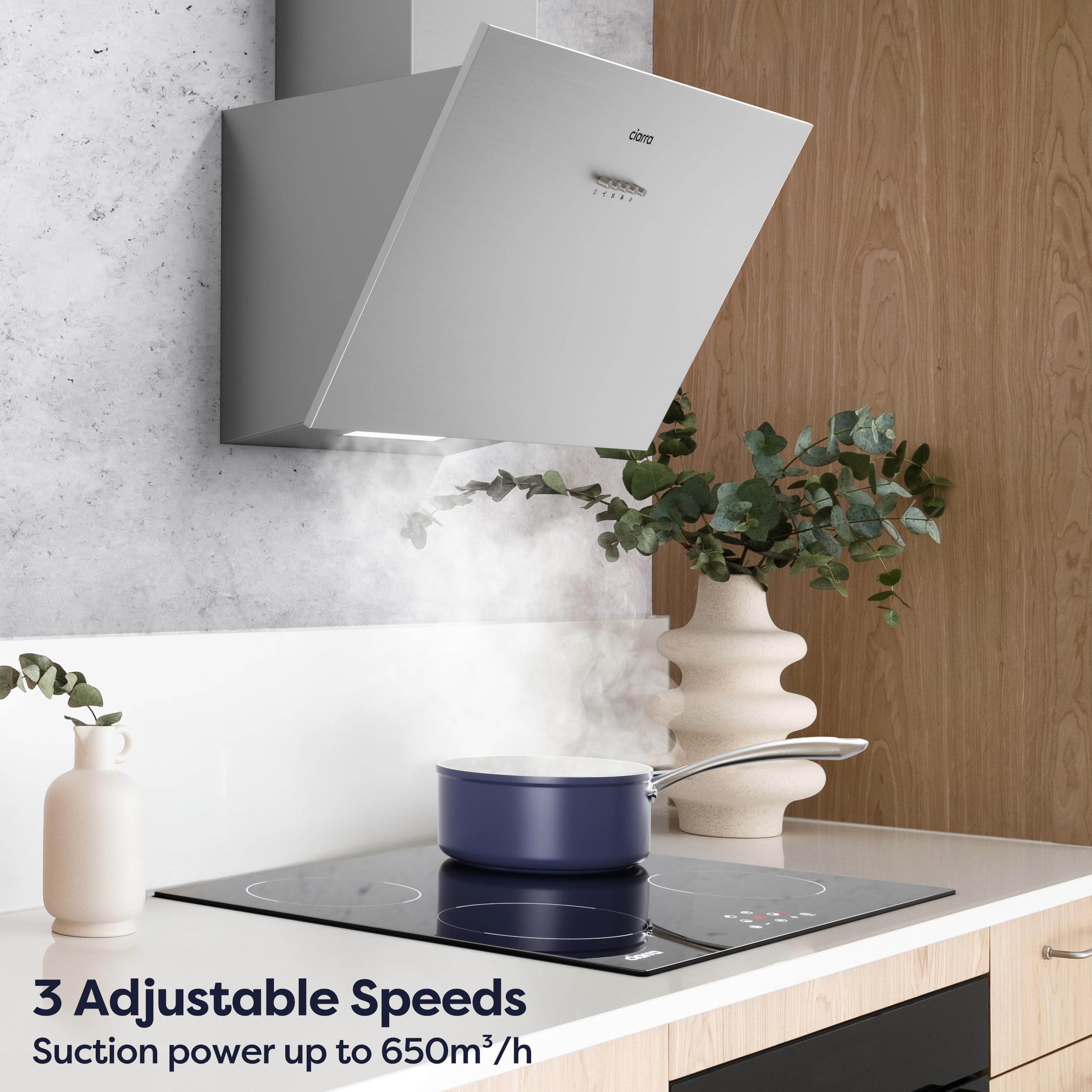 CIARRA CBCS6762A Angled Cooker Hood 60cm with CBCF003 Carbon Filters 650m³/h Head-Free Chimney Vent Hood with LED Lights Ducting&Recirculating Kitchen Extractor Fan