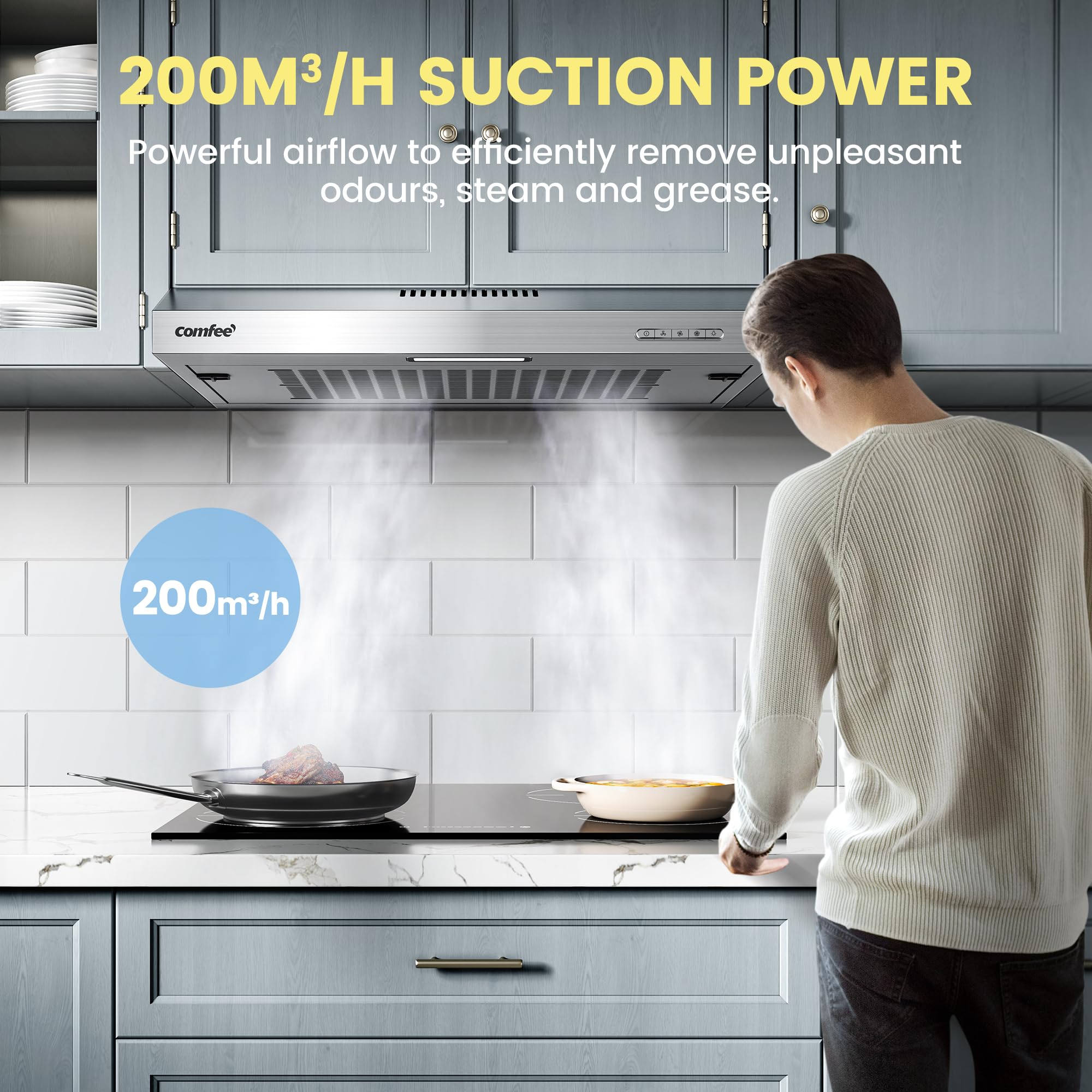 COMFEE' Visor Cooker Hood SLIF17SS-60 LED Extractor Hood Under Cabinet Hood Wall Mounted Extractor Fan Kitchen 60cm Top Vented Range Hood - Stainless Steel