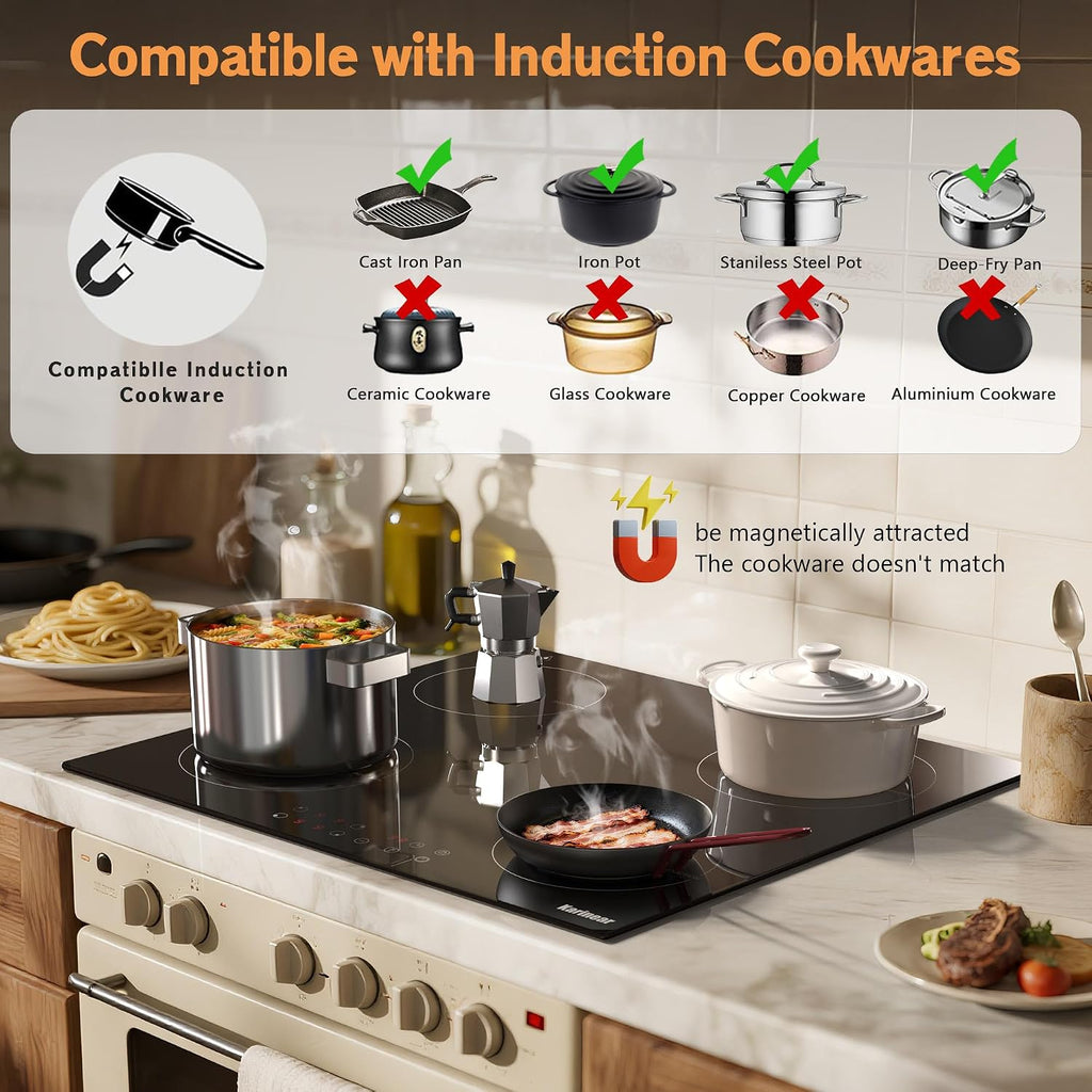 Karinear Induction Hob, 4 Zones Built-in Induction Hob 60cm, with Touch Control 9 Power Level & Child Safety Lock, Timer, Black Crystal Glass
