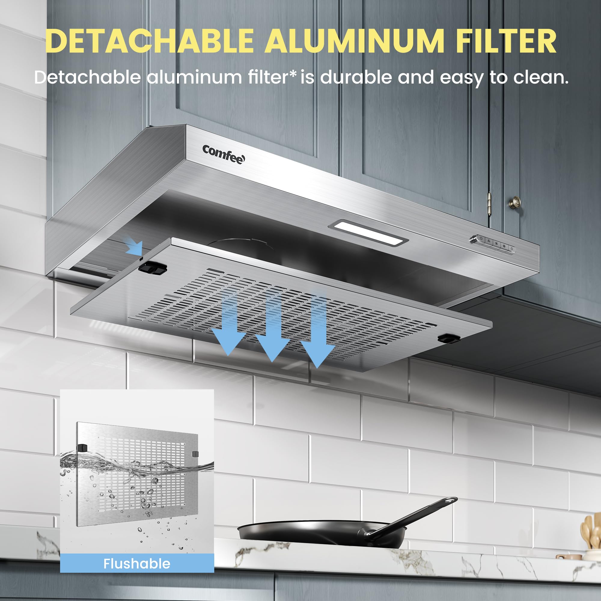 COMFEE' Visor Cooker Hood SLIF17SS-60 LED Extractor Hood Under Cabinet Hood Wall Mounted Extractor Fan Kitchen 60cm Top Vented Range Hood - Stainless Steel